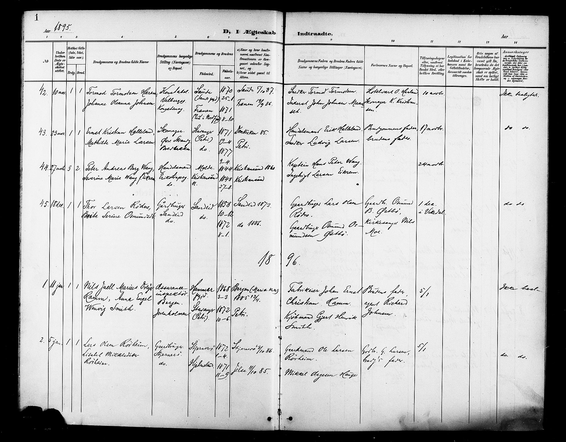 St. Petri sokneprestkontor, AV/SAST-A-101813/001/30/30BB/L0007: Parish register (copy) no. B 7, 1895-1902, p. 1