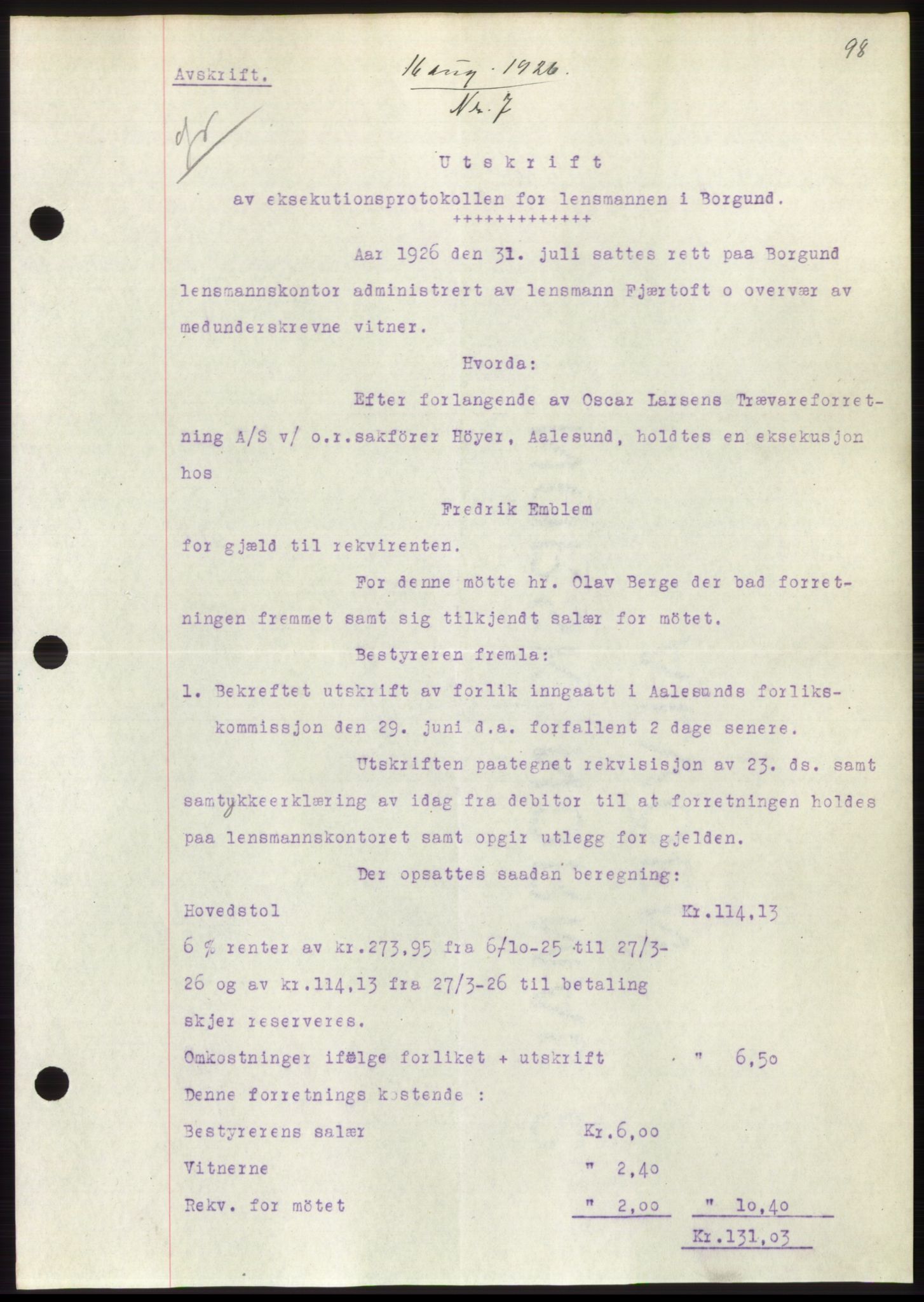 Nordre Sunnmøre sorenskriveri, AV/SAT-A-0006/1/2/2C/2Ca/L0035: Mortgage book no. 37, 1926-1926, Deed date: 16.08.1926