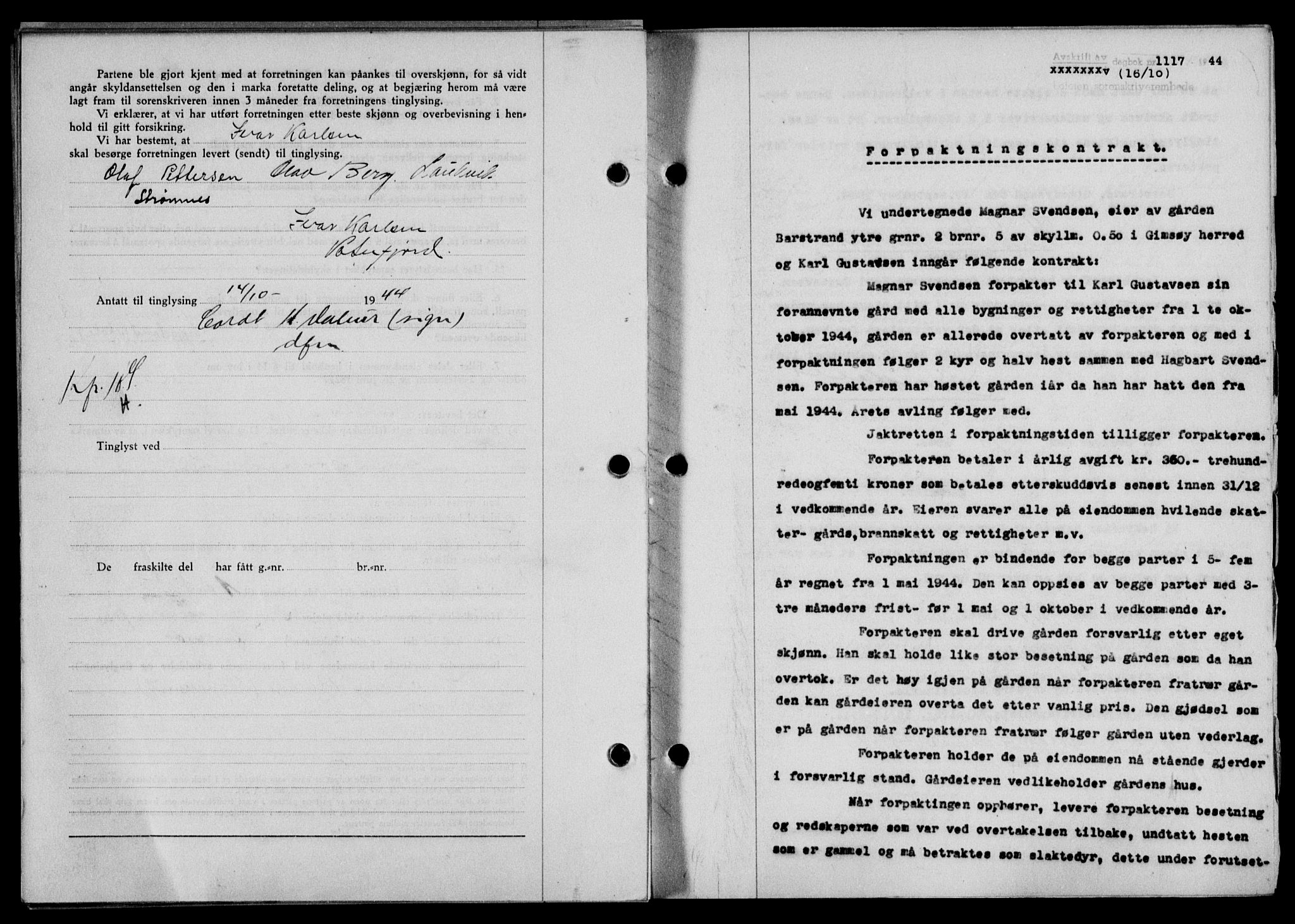 Lofoten sorenskriveri, SAT/A-0017/1/2/2C/L0012a: Mortgage book no. 12a, 1943-1944, Diary no: : 1117/1944