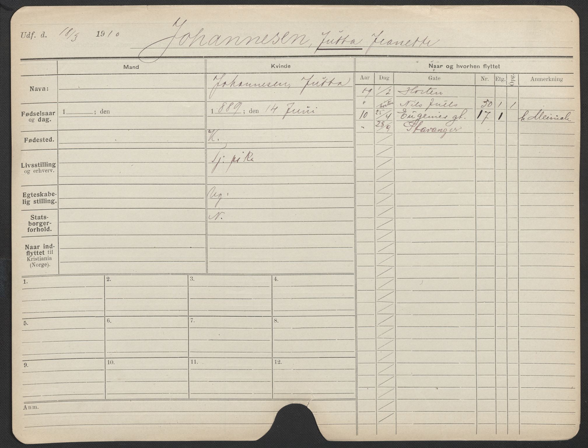 Oslo folkeregister, Registerkort, AV/SAO-A-11715/F/Fa/Fac/L0018: Kvinner, 1906-1914, p. 176a