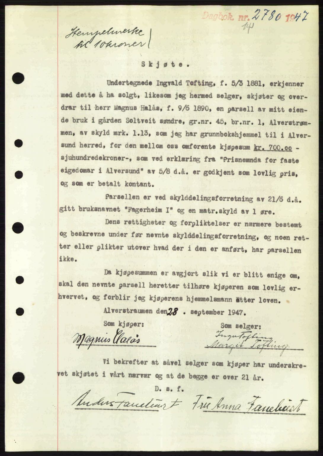Nordhordland sorenskrivar, SAB/A-2901/1/G/Gb/Gbf/L0032: Mortgage book no. A32, 1947-1947, Diary no: : 2780/1947