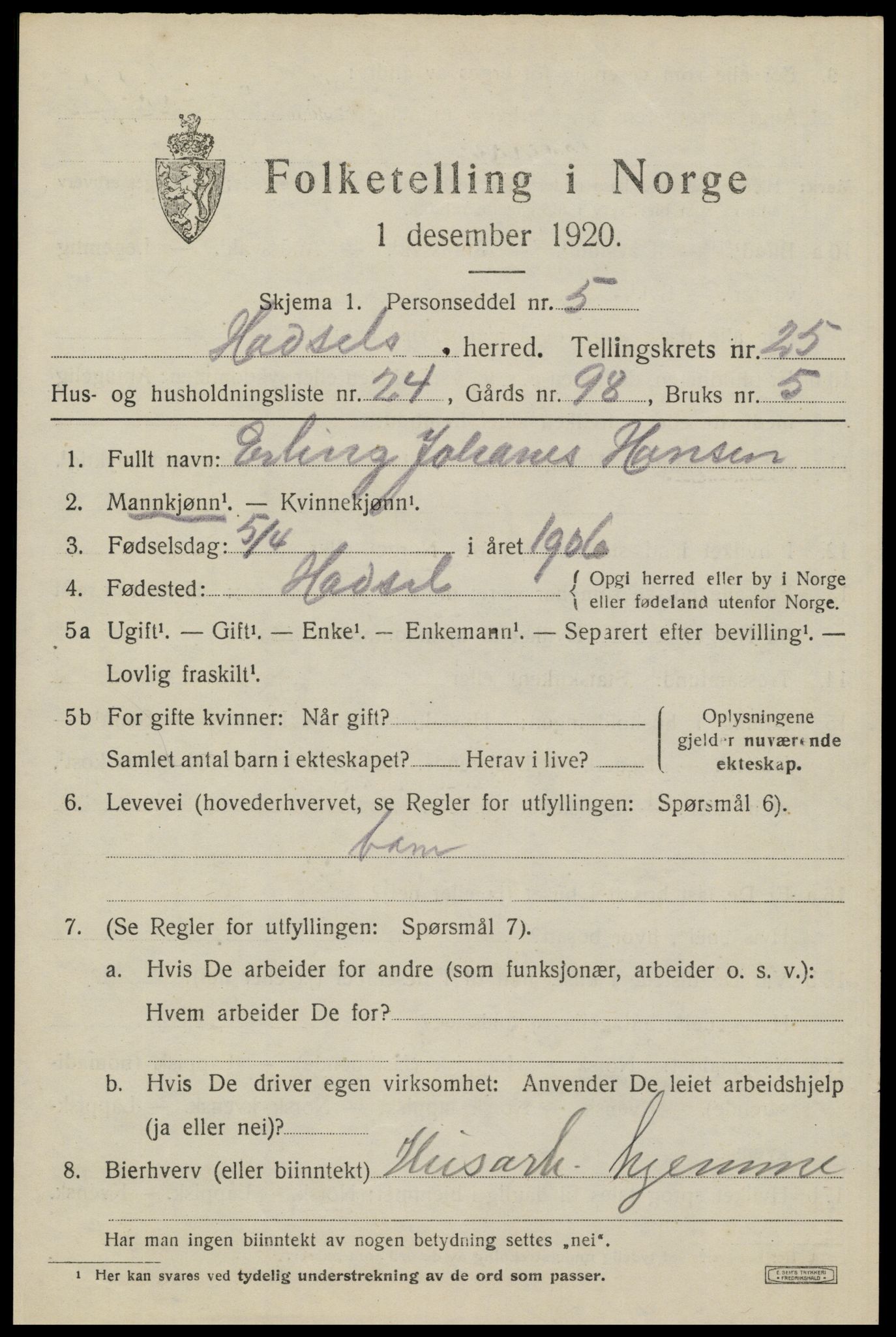 SAT, 1920 census for Hadsel, 1920, p. 22236