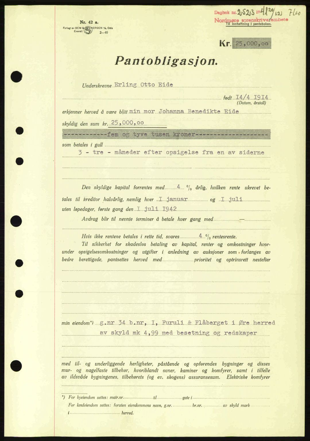 Nordmøre sorenskriveri, AV/SAT-A-4132/1/2/2Ca: Mortgage book no. B88, 1941-1942, Diary no: : 2523/1941