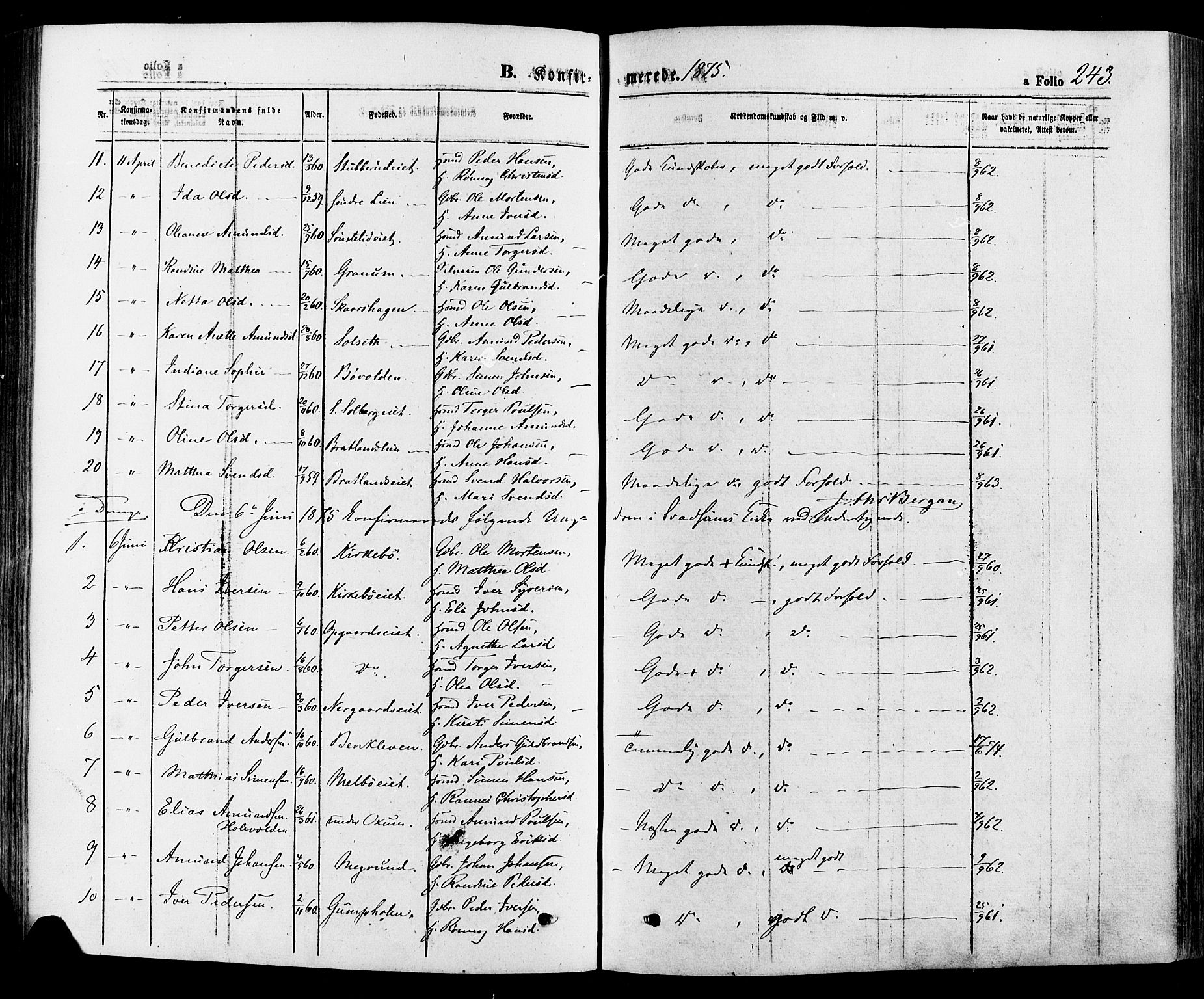 Gausdal prestekontor, AV/SAH-PREST-090/H/Ha/Haa/L0010: Parish register (official) no. 10, 1867-1886, p. 243