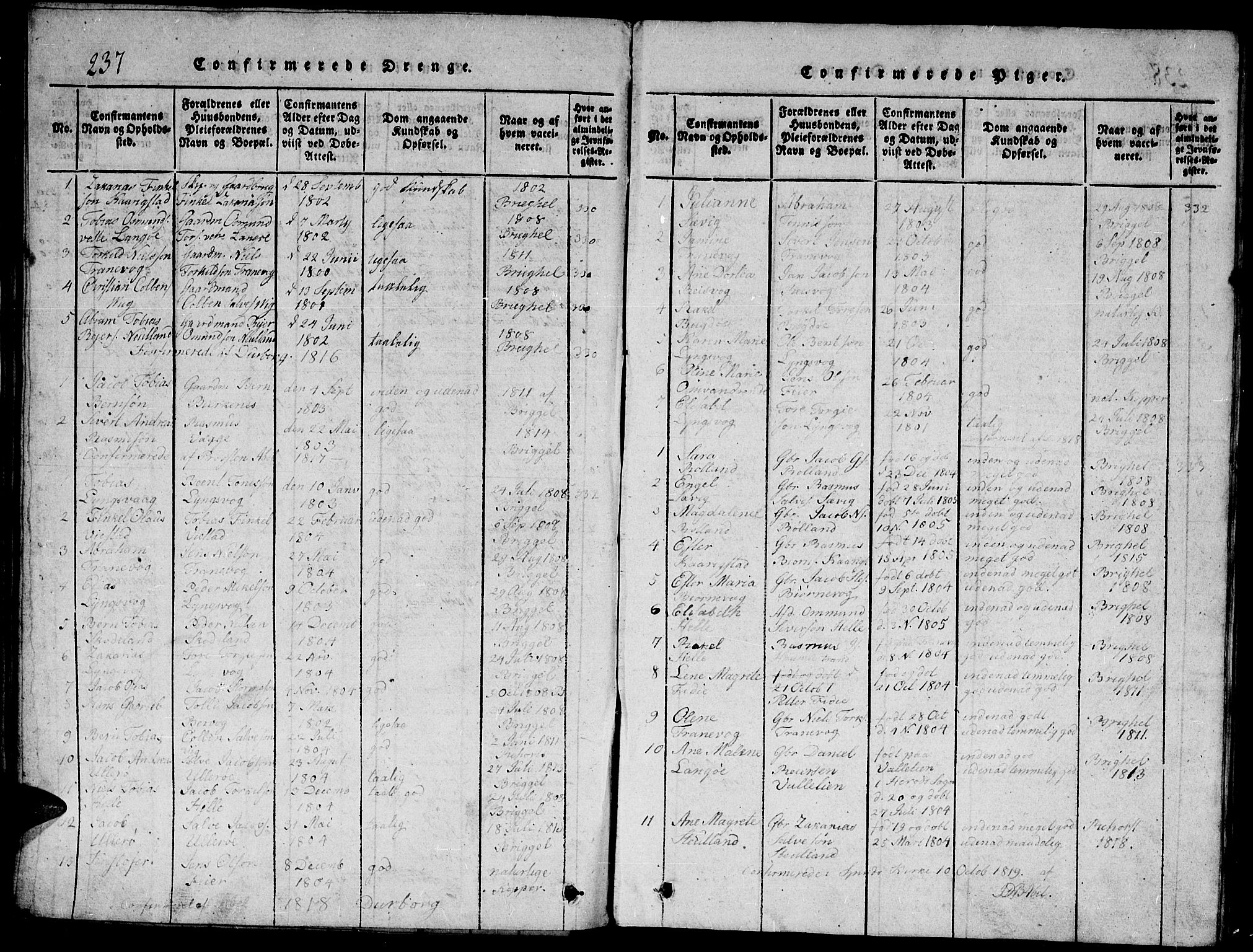 Herad sokneprestkontor, SAK/1111-0018/F/Fb/Fbb/L0001: Parish register (copy) no. B 1, 1815-1852, p. 237