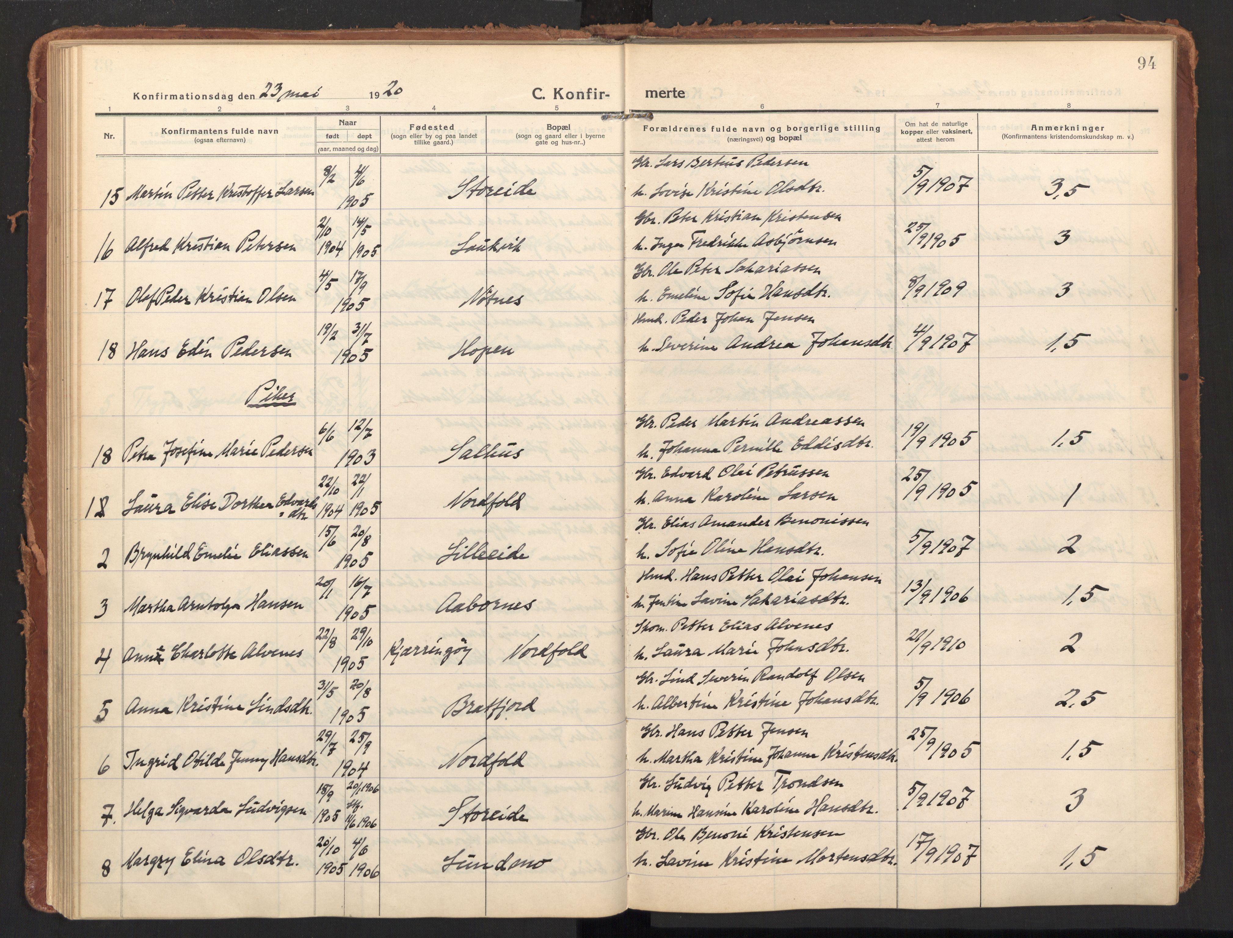 Ministerialprotokoller, klokkerbøker og fødselsregistre - Nordland, AV/SAT-A-1459/858/L0833: Parish register (official) no. 858A03, 1916-1934, p. 94