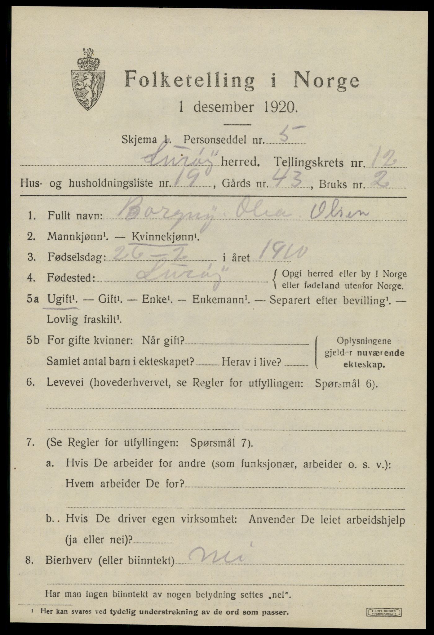 SAT, 1920 census for Lurøy, 1920, p. 5177