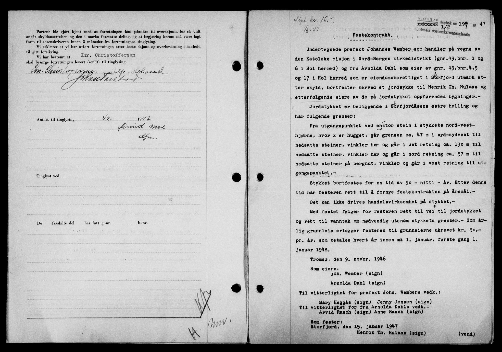 Lofoten sorenskriveri, SAT/A-0017/1/2/2C/L0015a: Mortgage book no. 15a, 1946-1947, Diary no: : 199/1947