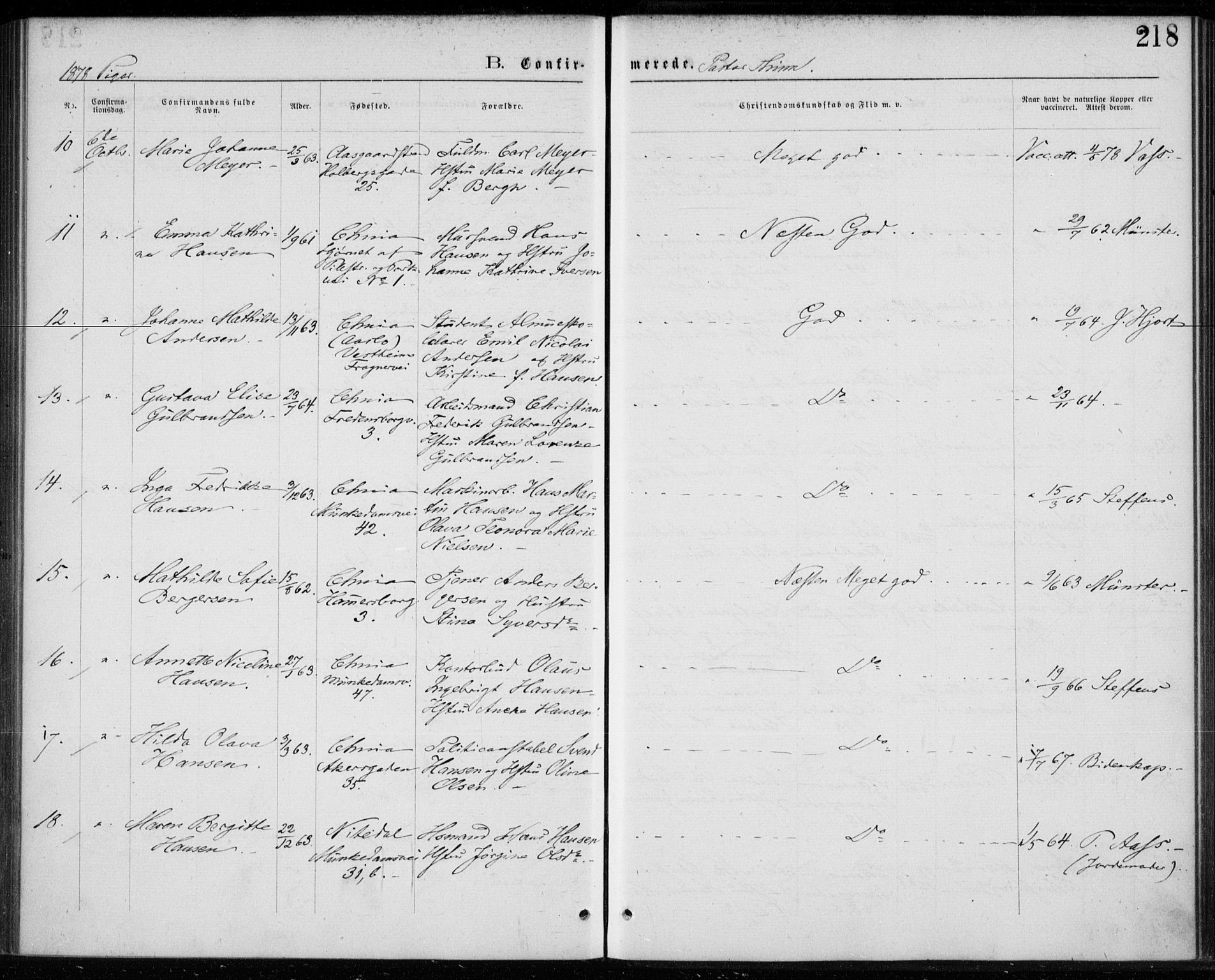 Trefoldighet prestekontor Kirkebøker, SAO/A-10882/F/Fb/L0002: Parish register (official) no. II 2, 1871-1880, p. 218
