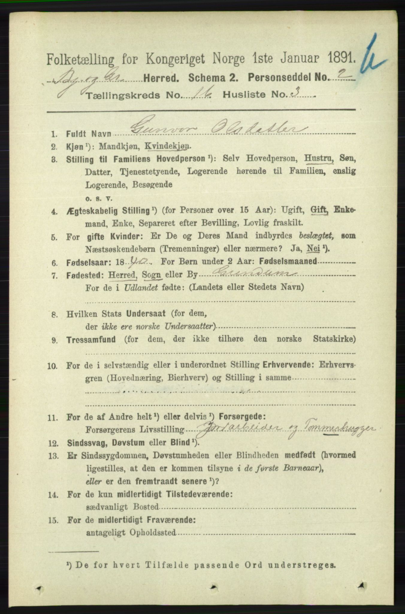 RA, 1891 census for 1024 Bjelland og Grindheim, 1891, p. 784