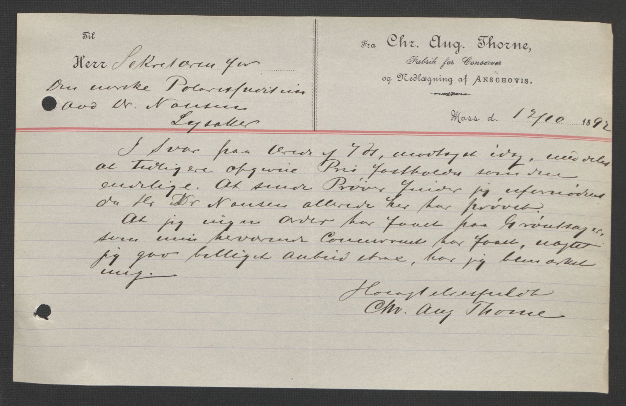 Arbeidskomitéen for Fridtjof Nansens polarekspedisjon, AV/RA-PA-0061/D/L0004: Innk. brev og telegrammer vedr. proviant og utrustning, 1892-1893, p. 569