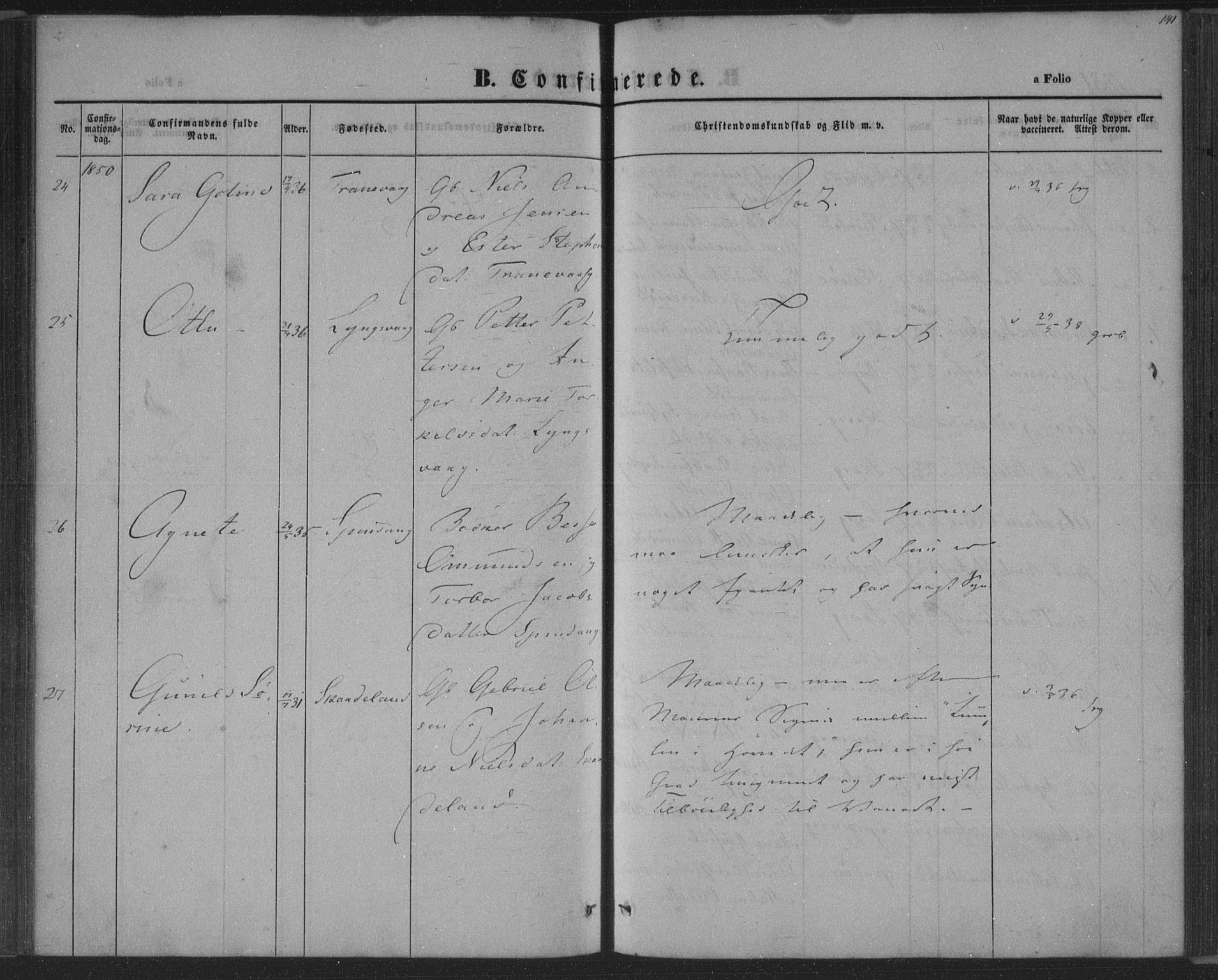 Herad sokneprestkontor, AV/SAK-1111-0018/F/Fa/Fab/L0003: Parish register (official) no. A 3, 1844-1853, p. 141