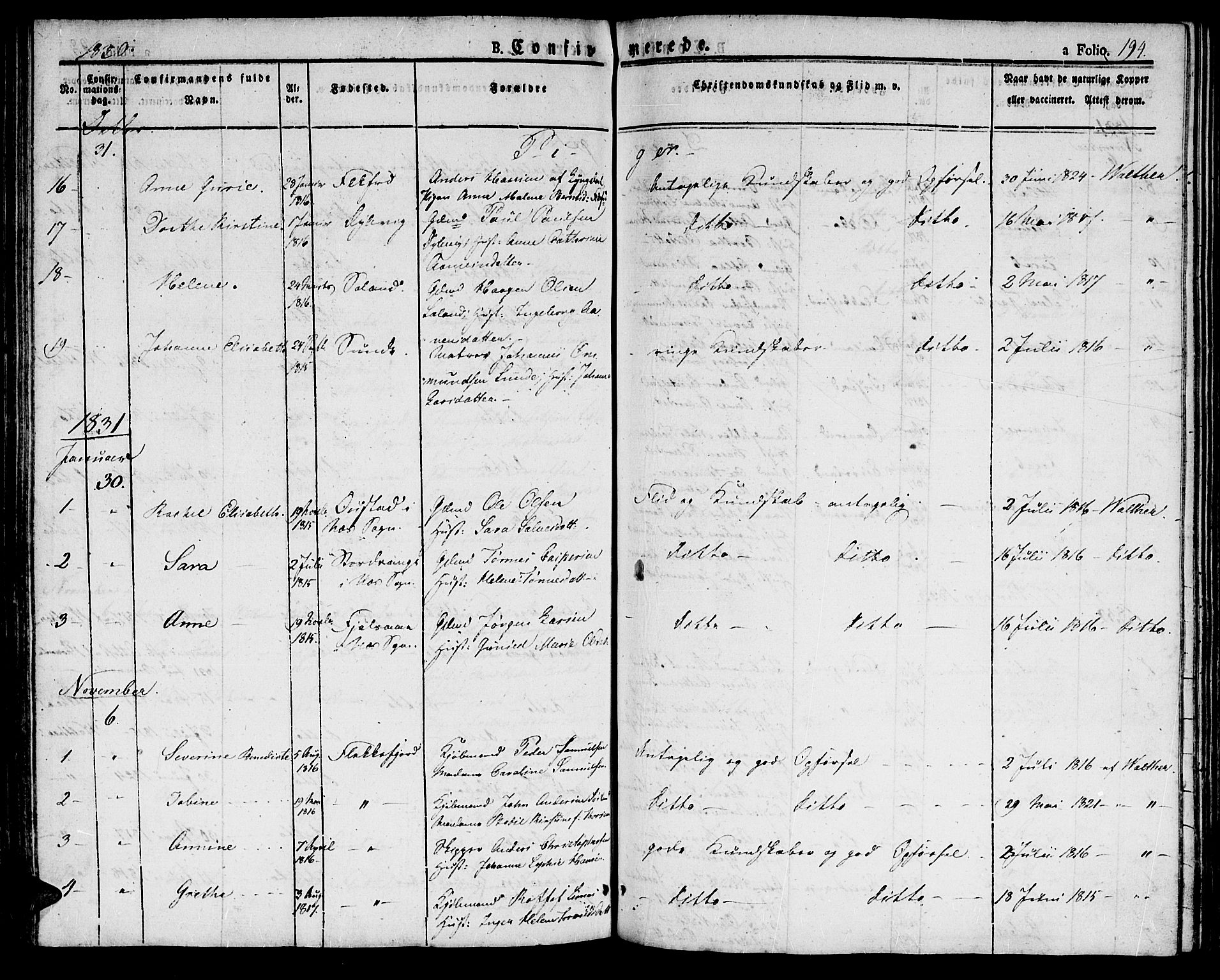 Flekkefjord sokneprestkontor, SAK/1111-0012/F/Fb/Fbc/L0004: Parish register (copy) no. B 4, 1827-1846, p. 194