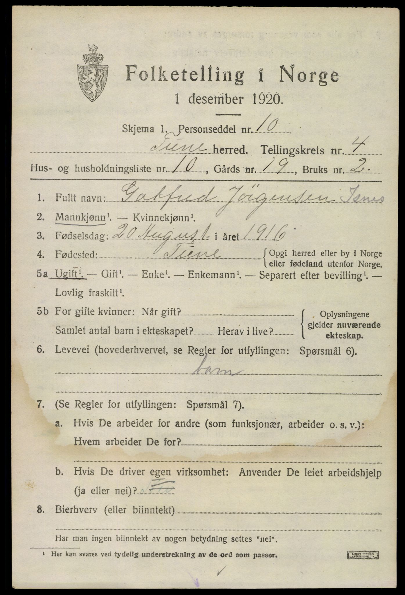 SAO, 1920 census for Tune, 1920, p. 5164