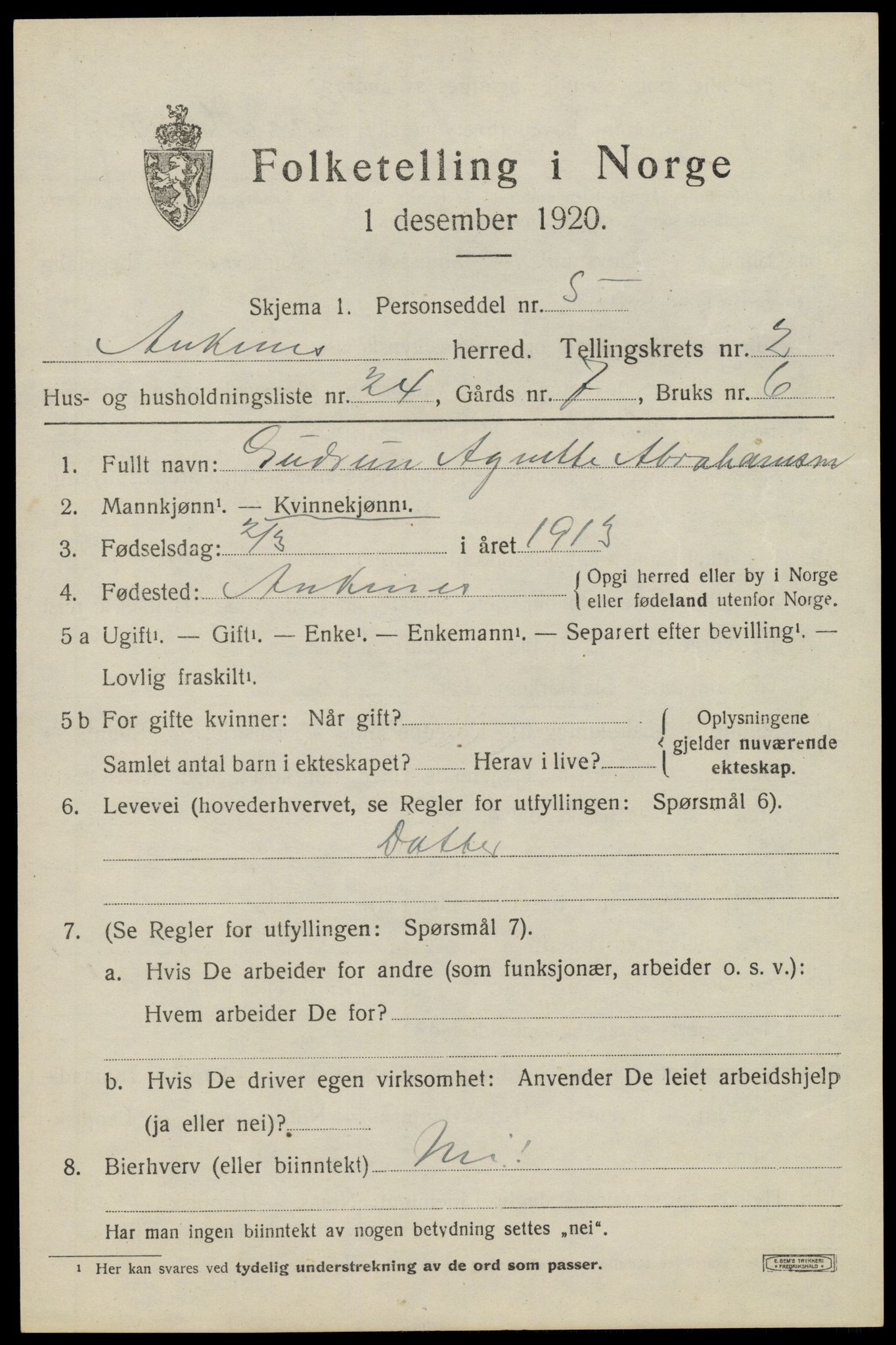 SAT, 1920 census for Ankenes, 1920, p. 1697