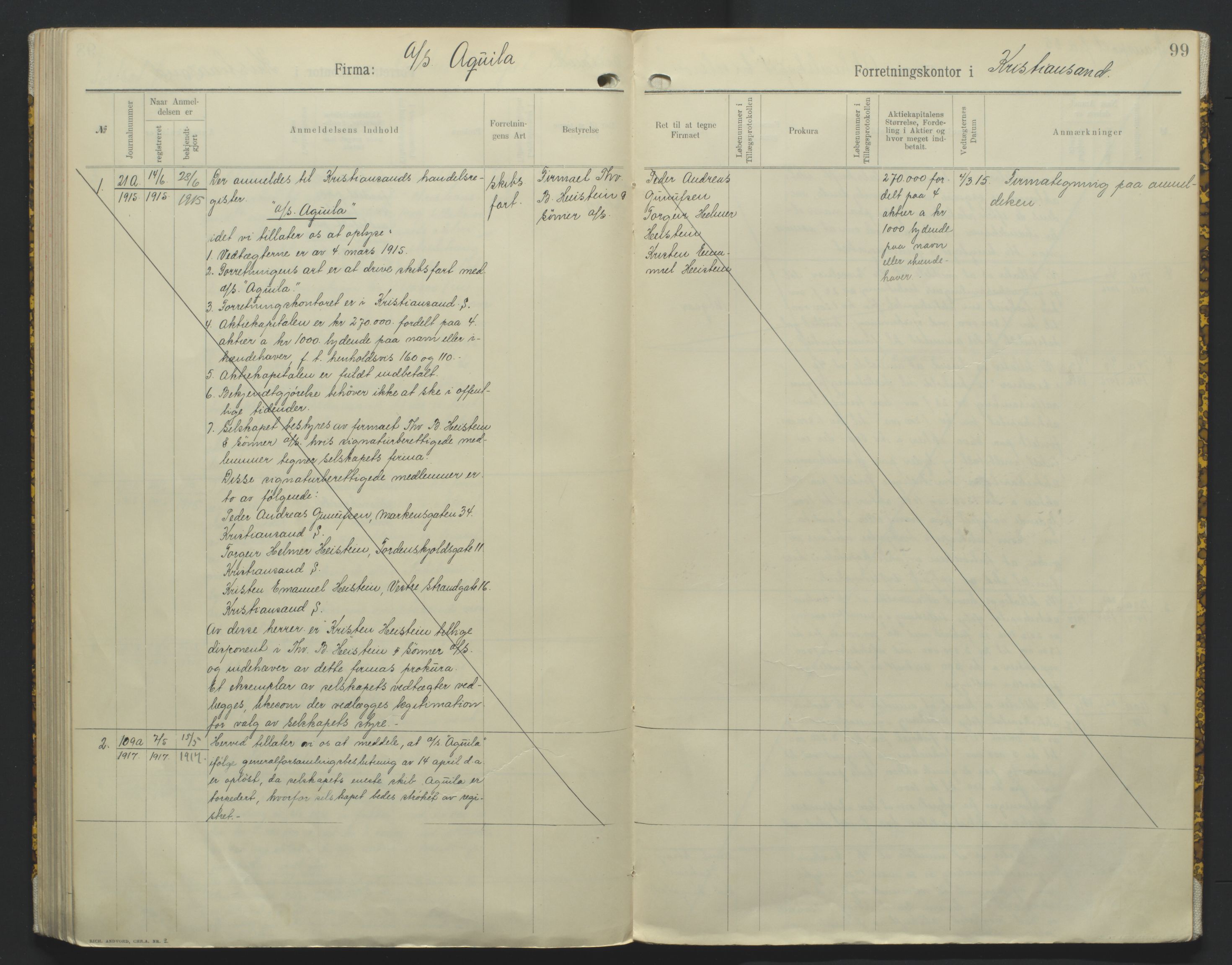 Kristiansand byrett, AV/SAK-1223-0001/K/Kb/L0010: Handelsregister B III, 1907-1915, p. 99