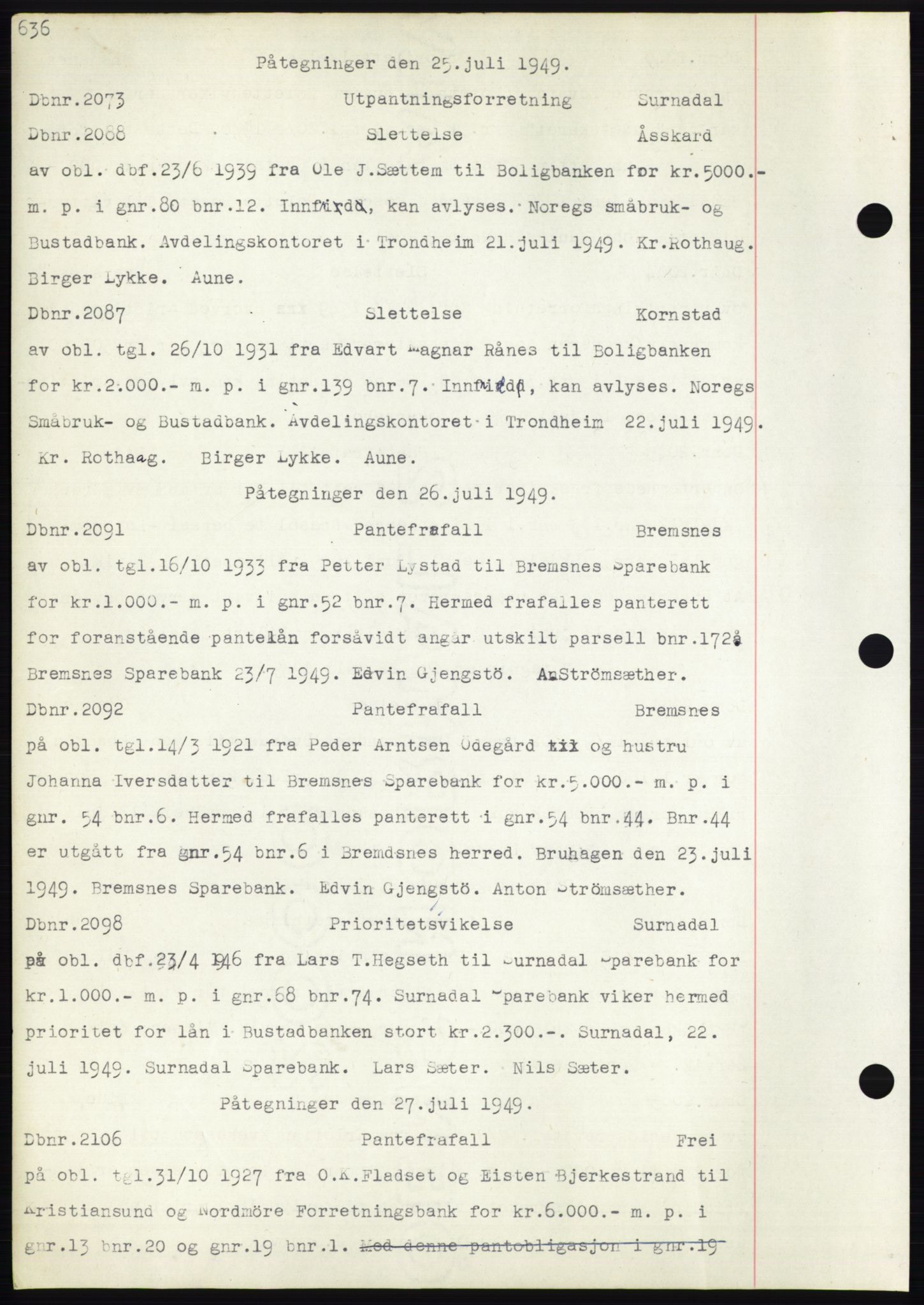 Nordmøre sorenskriveri, SAT/A-4132/1/2/2Ca: Mortgage book no. C82b, 1946-1951, Diary no: : 2073/1949