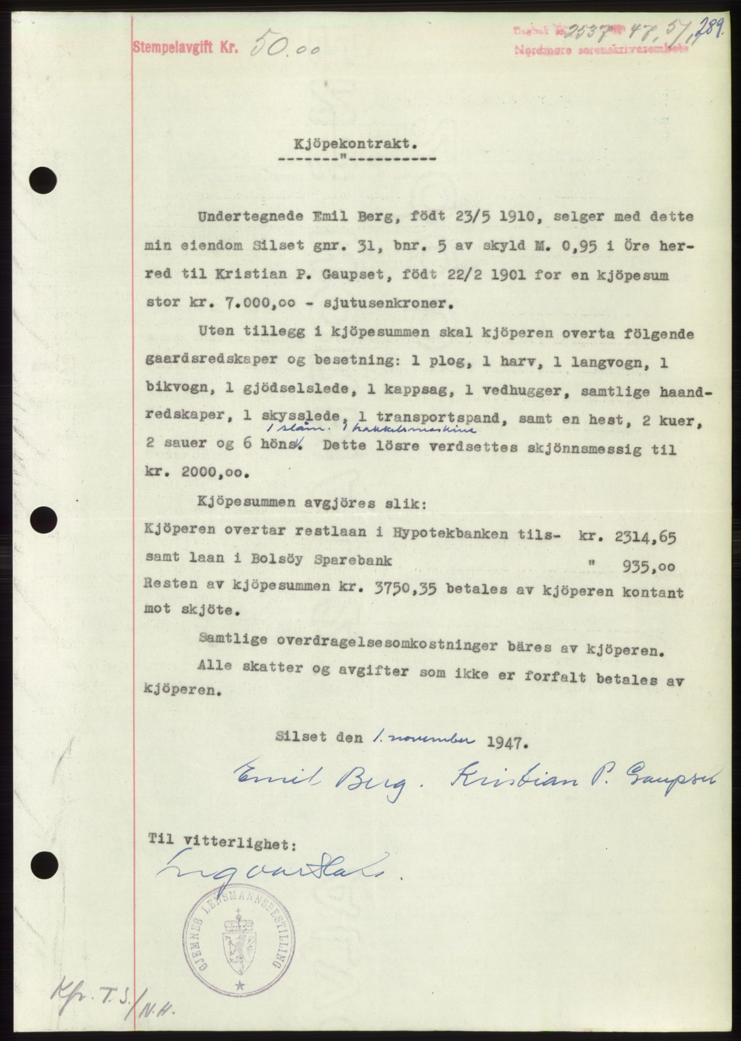 Nordmøre sorenskriveri, AV/SAT-A-4132/1/2/2Ca: Mortgage book no. B97, 1947-1948, Diary no: : 2537/1947