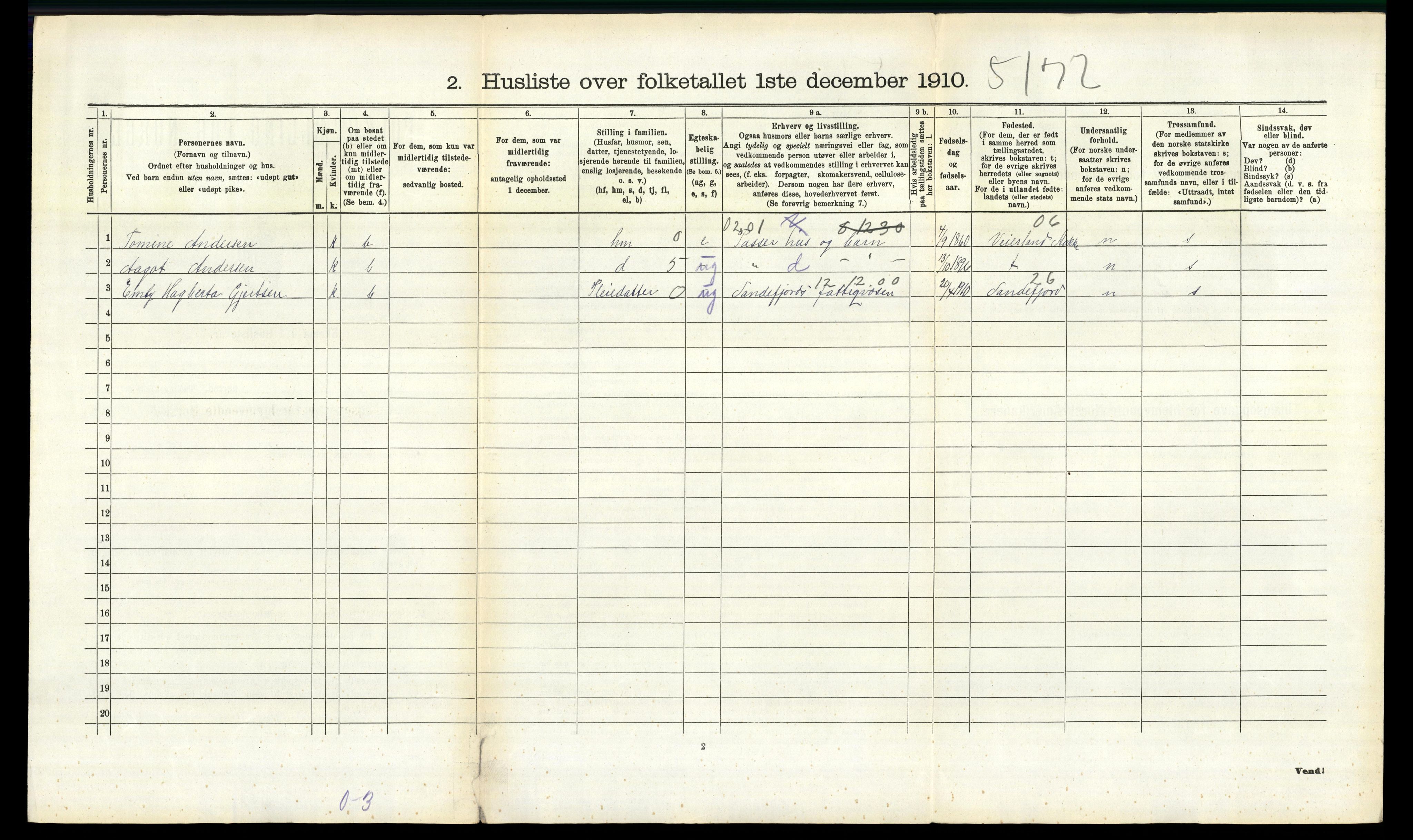 RA, 1910 census for Sandeherred, 1910, p. 1228