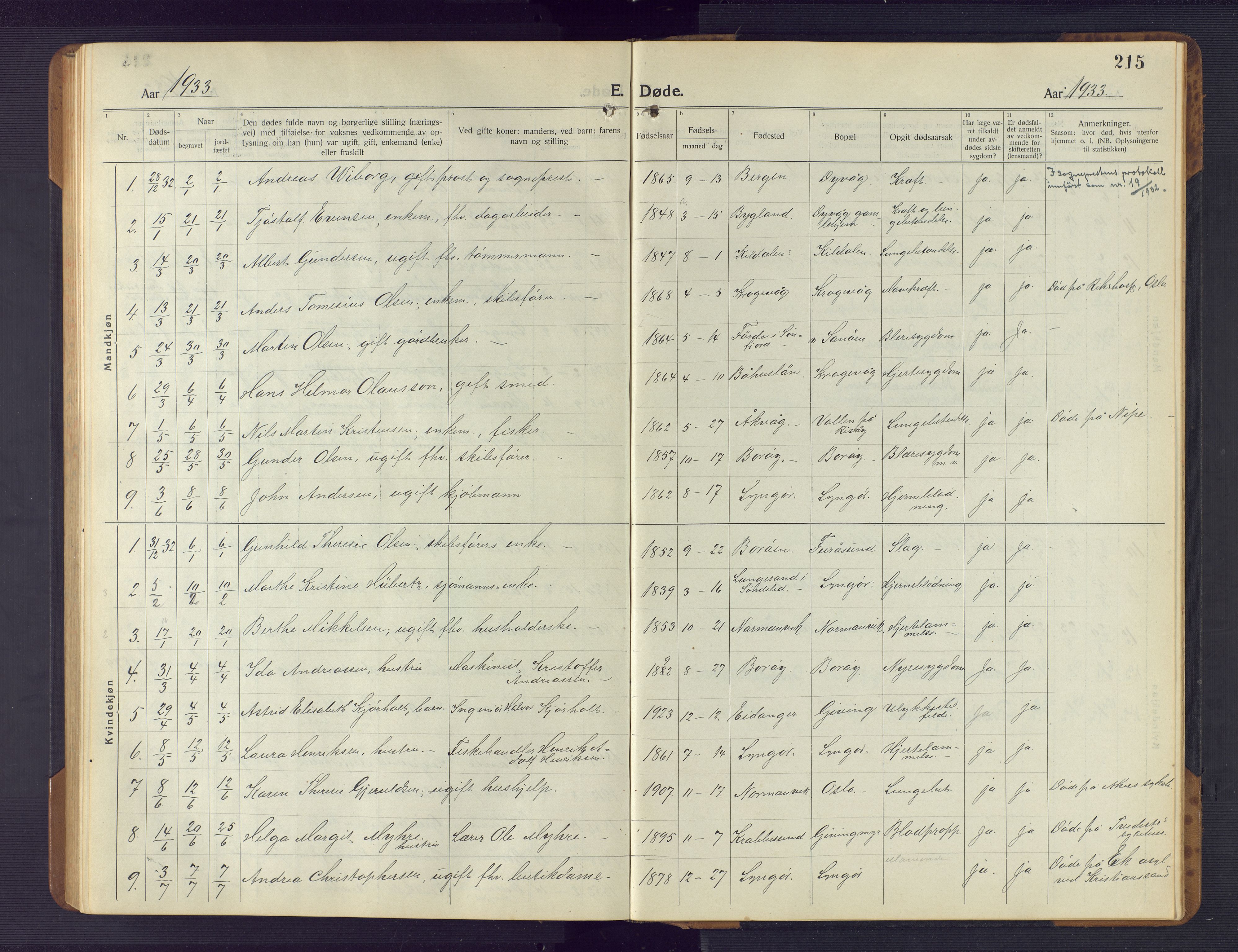 Dypvåg sokneprestkontor, SAK/1111-0007/F/Fb/Fba/L0015: Parish register (copy) no. B 15, 1922-1949, p. 215
