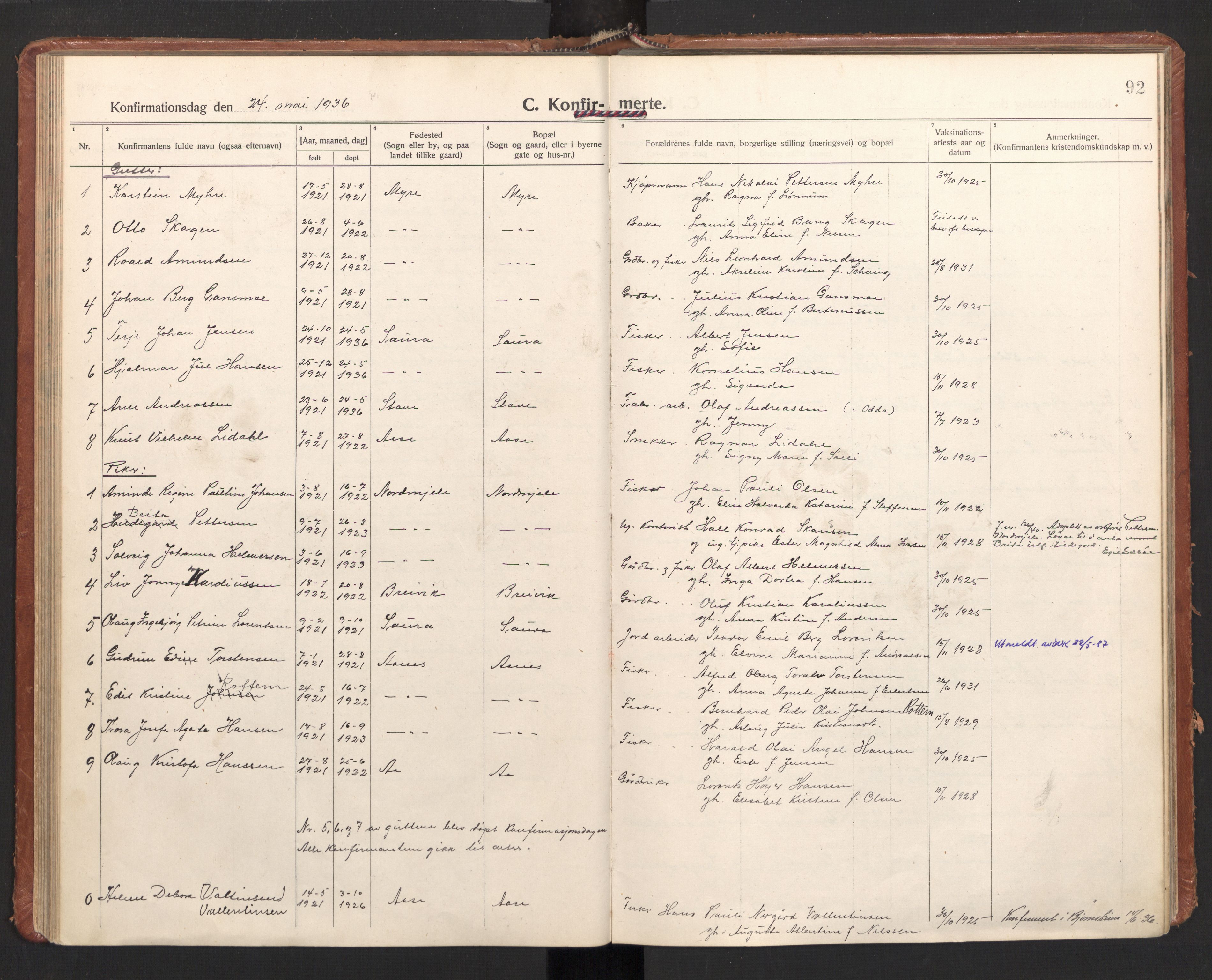 Ministerialprotokoller, klokkerbøker og fødselsregistre - Nordland, SAT/A-1459/897/L1408: Parish register (official) no. 897A15, 1922-1938, p. 92
