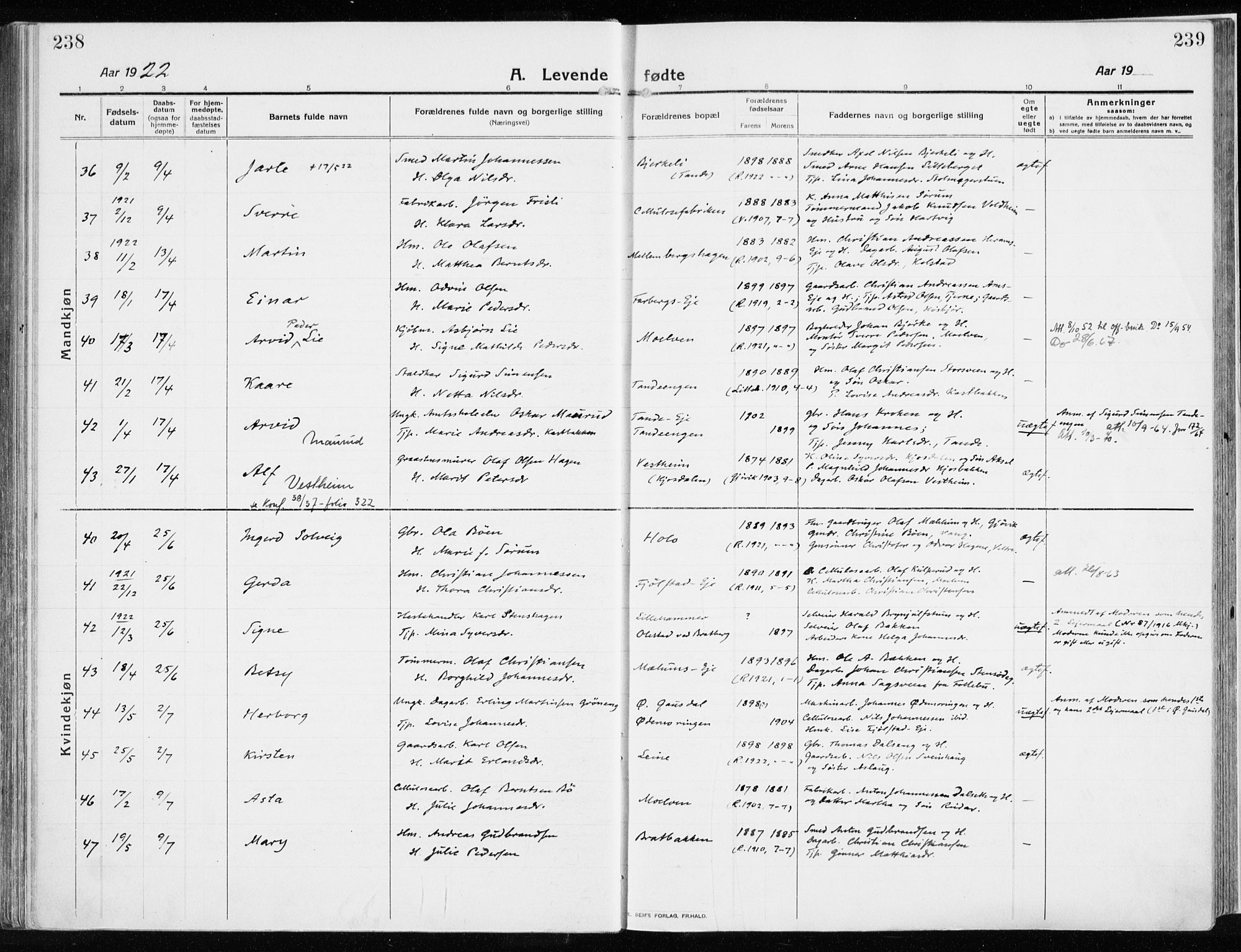Ringsaker prestekontor, AV/SAH-PREST-014/K/Ka/L0020: Parish register (official) no. 20, 1913-1922, p. 238-239