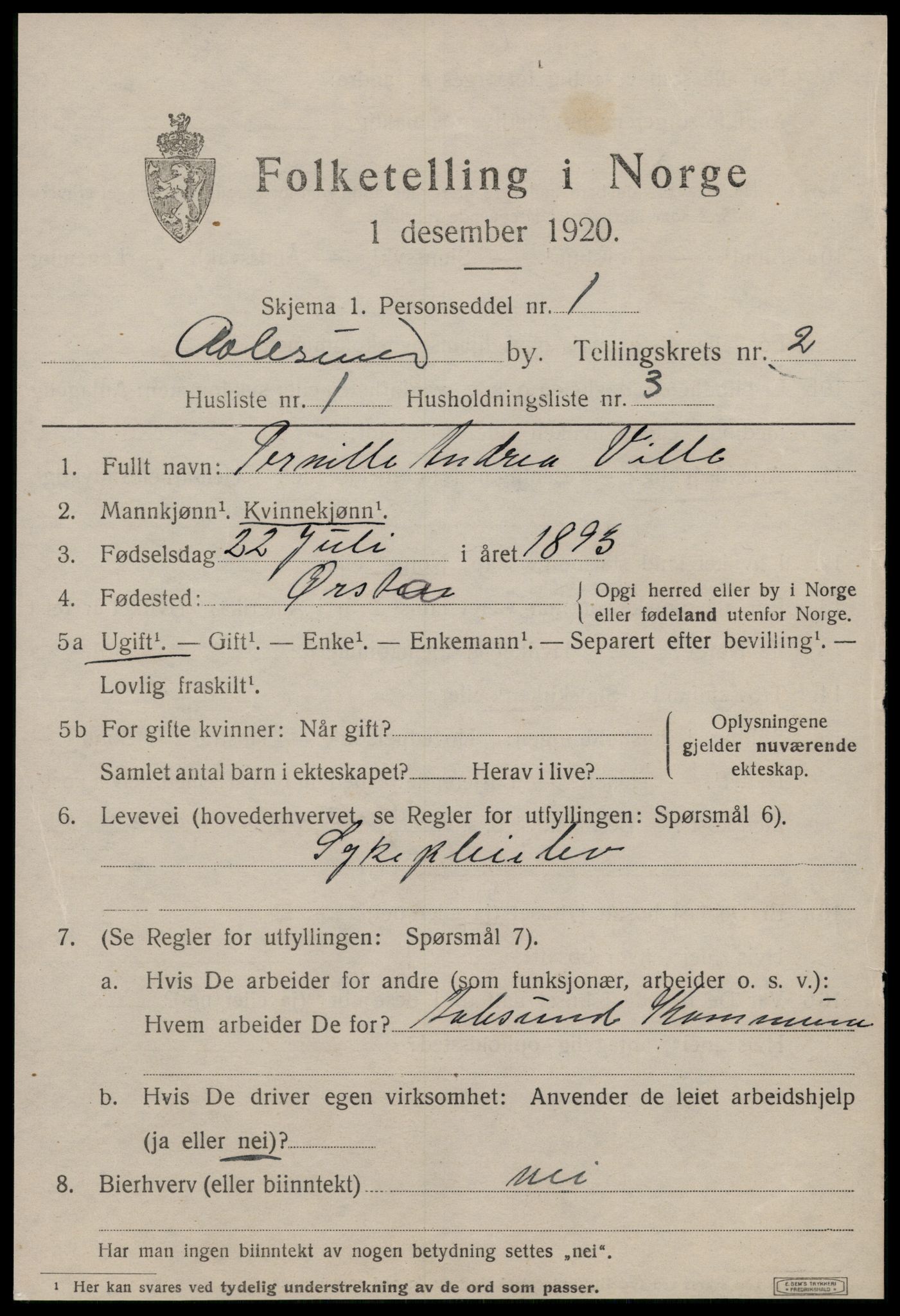 SAT, 1920 census for Ålesund, 1920, p. 10874