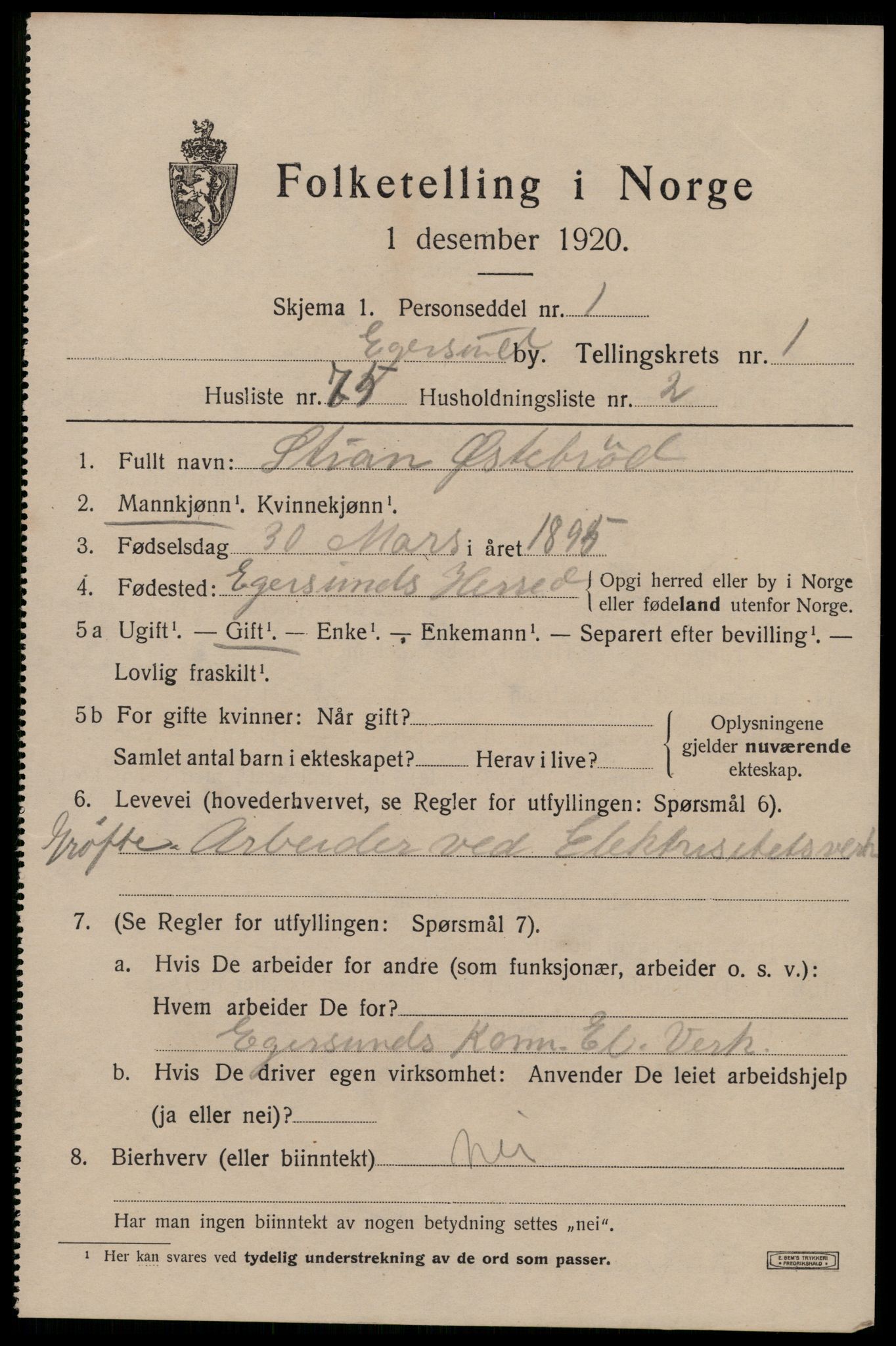 SAST, 1920 census for Egersund town, 1920, p. 3768