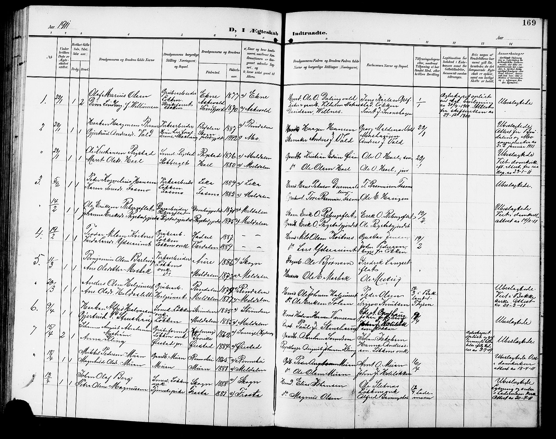 Ministerialprotokoller, klokkerbøker og fødselsregistre - Sør-Trøndelag, SAT/A-1456/672/L0864: Parish register (copy) no. 672C03, 1902-1914, p. 169