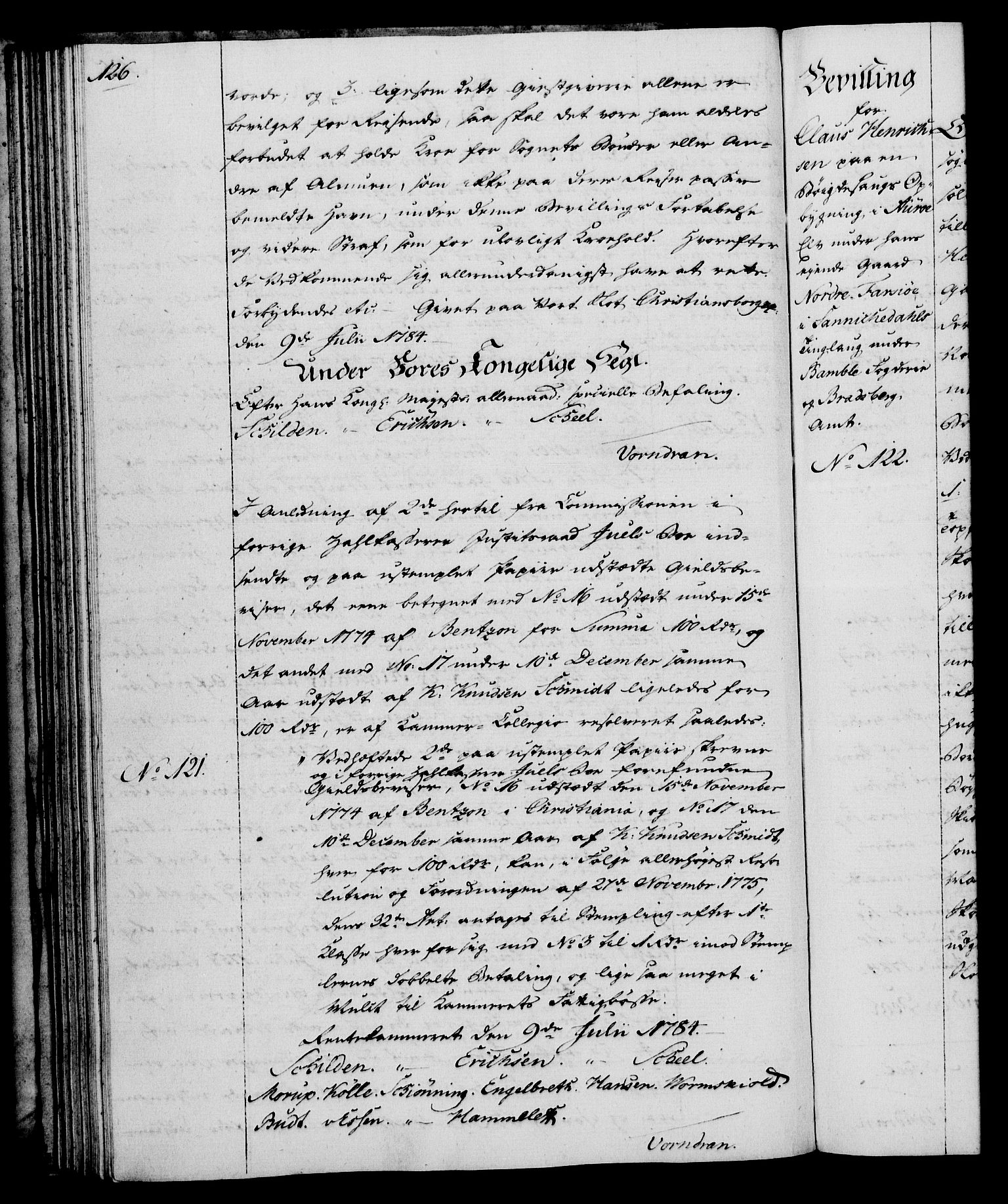 Rentekammeret, Kammerkanselliet, RA/EA-3111/G/Gg/Gga/L0013: Norsk ekspedisjonsprotokoll med register (merket RK 53.13), 1784-1787, p. 126