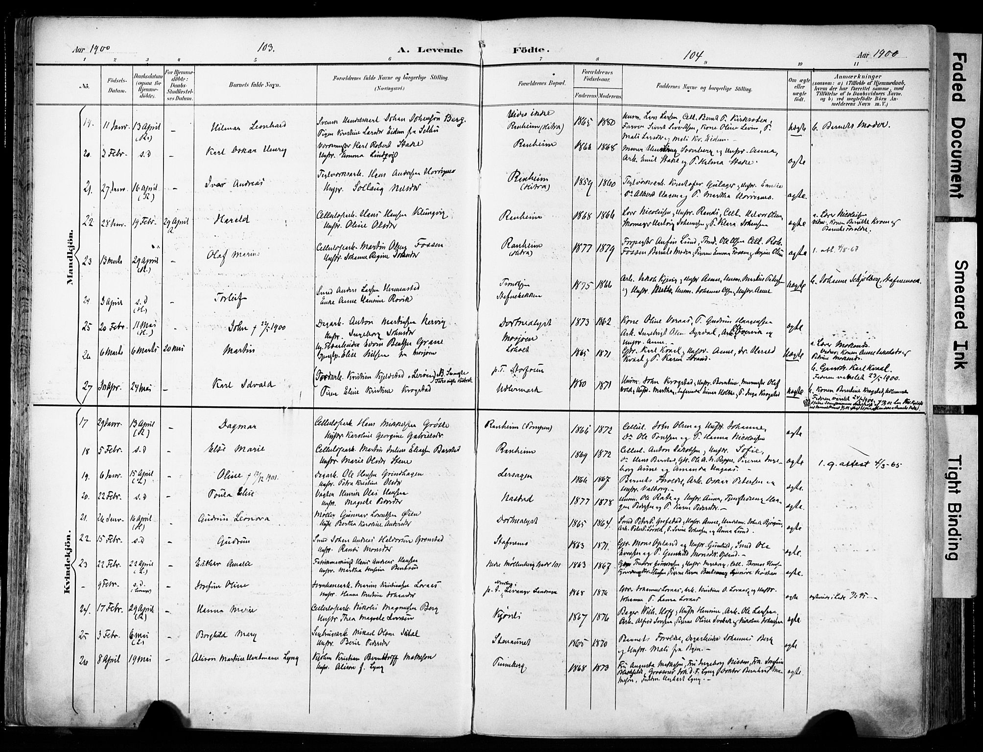 Ministerialprotokoller, klokkerbøker og fødselsregistre - Sør-Trøndelag, AV/SAT-A-1456/606/L0301: Parish register (official) no. 606A16, 1894-1907, p. 103-104