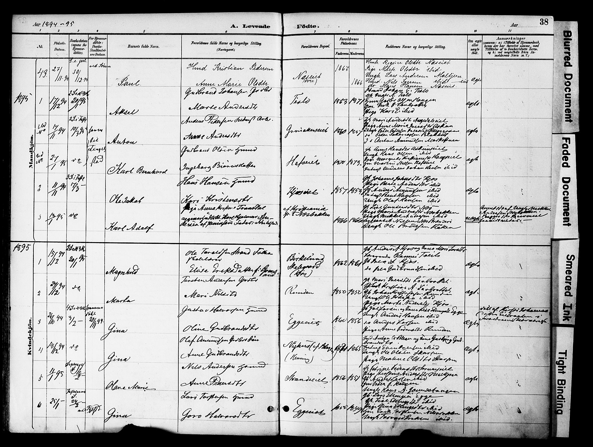 Gran prestekontor, SAH/PREST-112/H/Ha/Haa/L0020: Parish register (official) no. 20, 1889-1899, p. 38