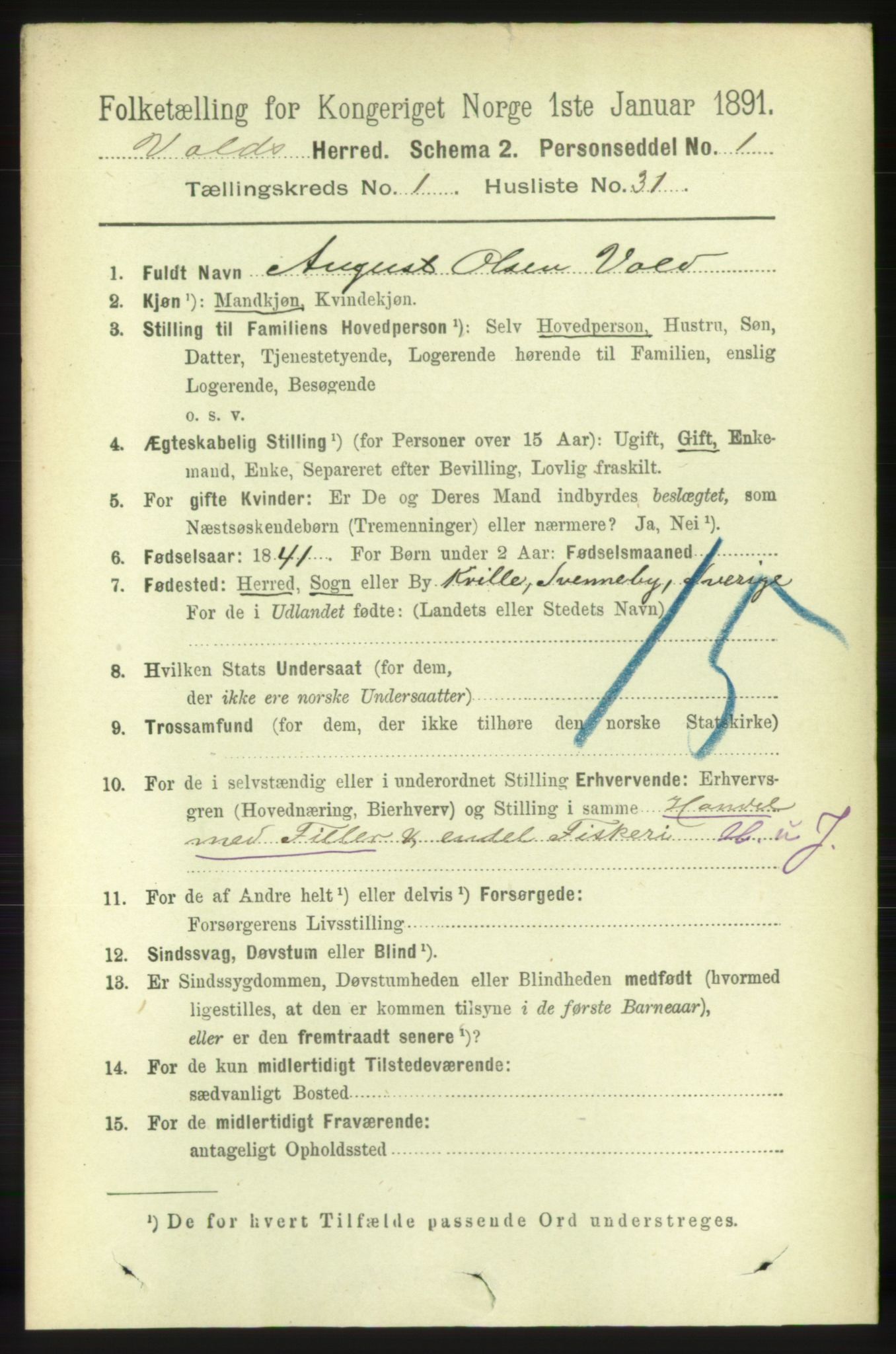 RA, 1891 census for 1537 Voll, 1891, p. 269