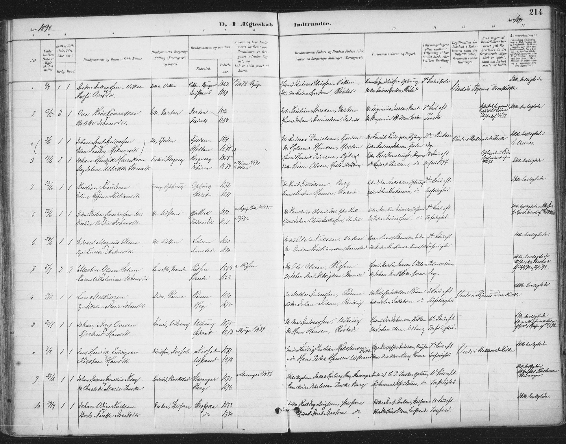 Ministerialprotokoller, klokkerbøker og fødselsregistre - Sør-Trøndelag, AV/SAT-A-1456/659/L0743: Parish register (official) no. 659A13, 1893-1910, p. 214