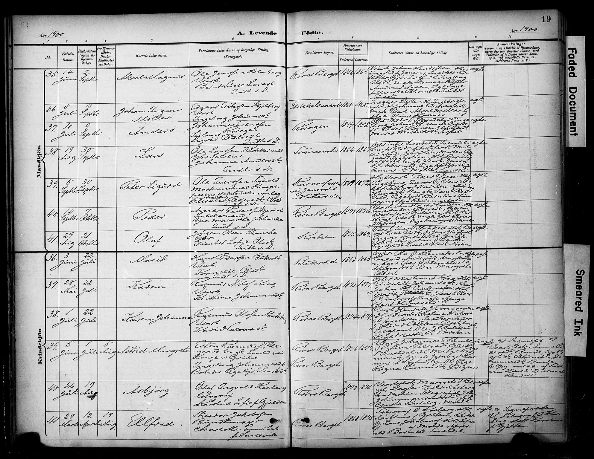 Ministerialprotokoller, klokkerbøker og fødselsregistre - Sør-Trøndelag, AV/SAT-A-1456/681/L0936: Parish register (official) no. 681A14, 1899-1908, p. 19