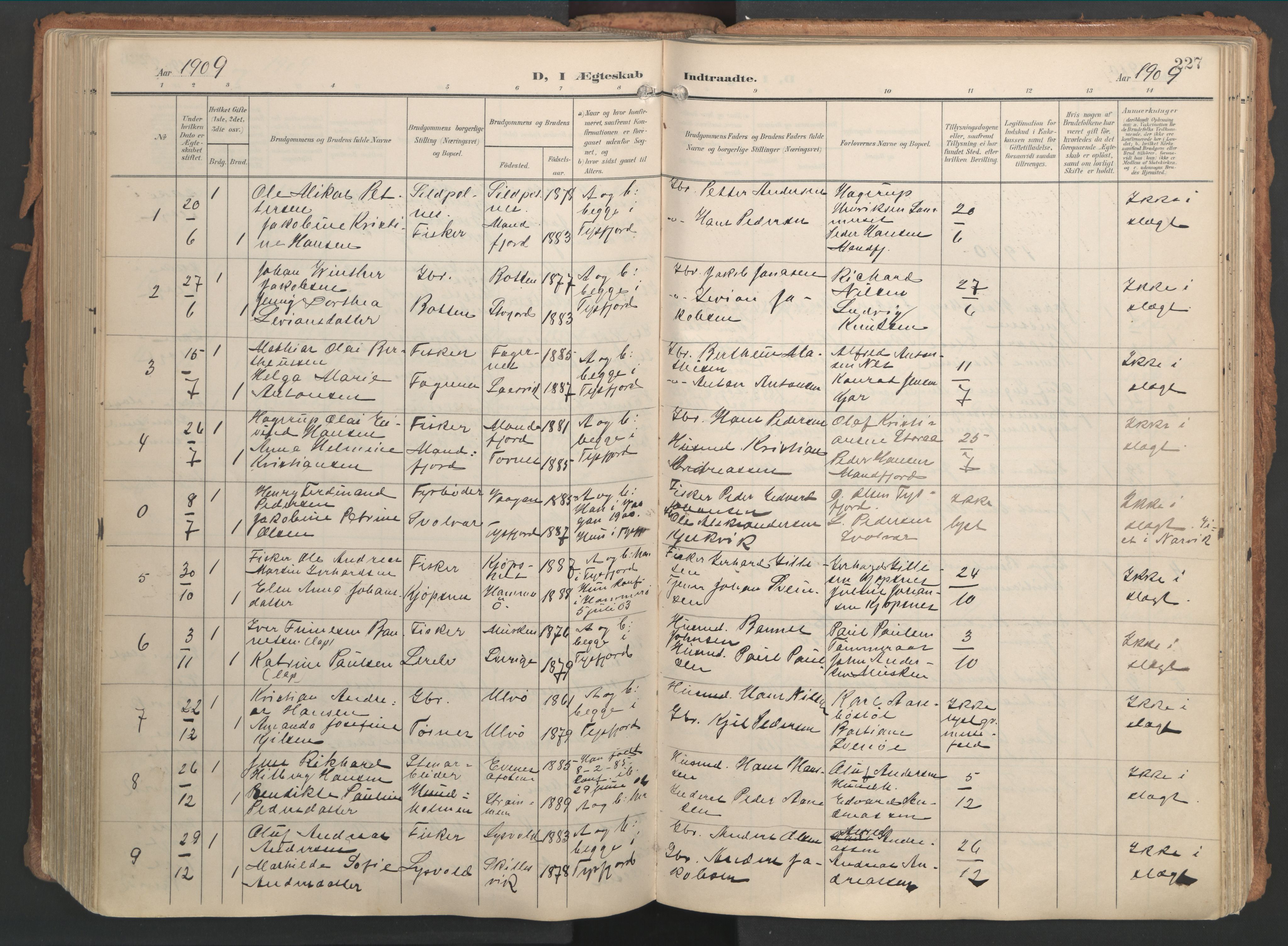 Ministerialprotokoller, klokkerbøker og fødselsregistre - Nordland, AV/SAT-A-1459/861/L0871: Parish register (official) no. 861A06, 1903-1916, p. 227