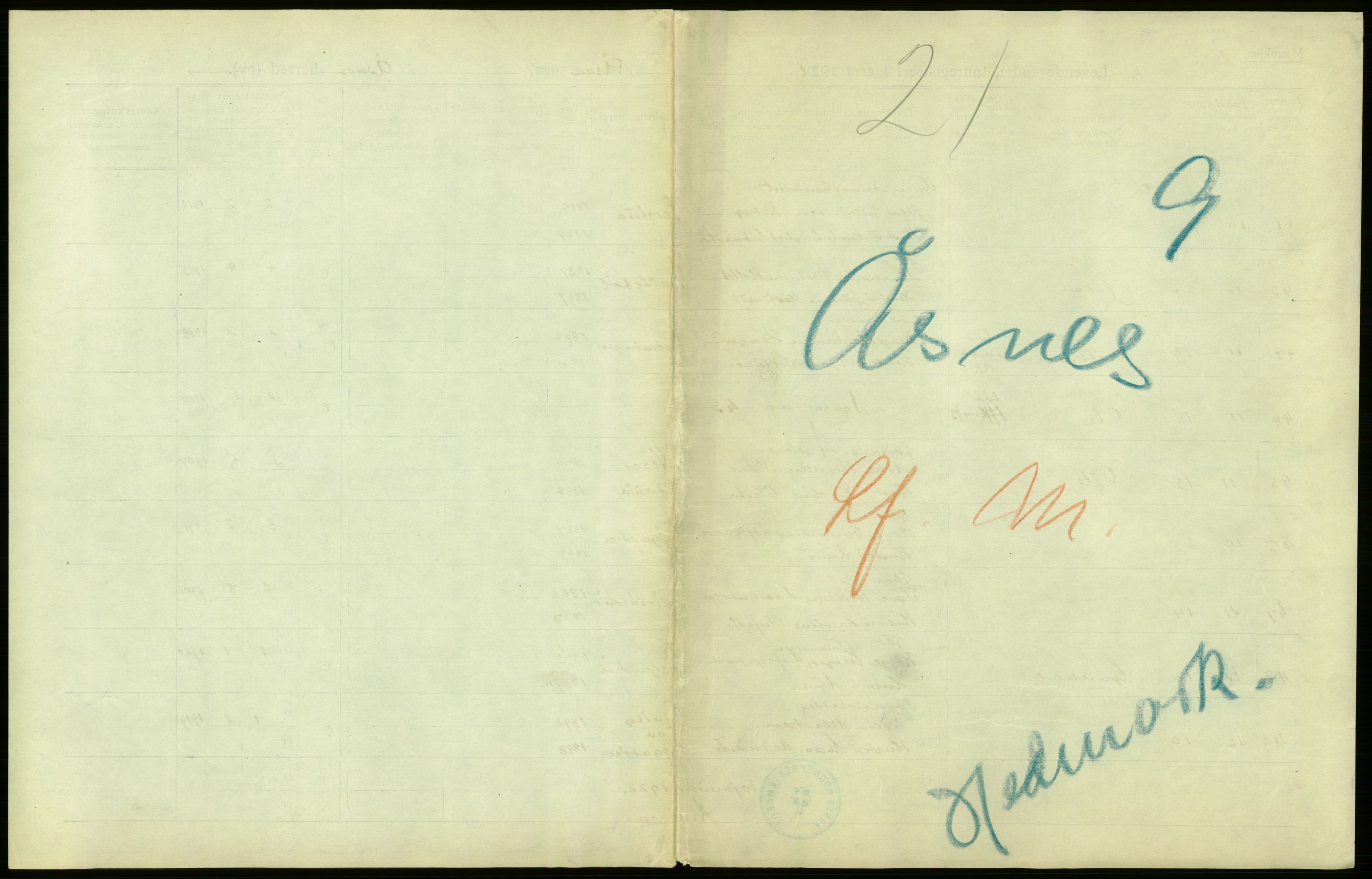 Statistisk sentralbyrå, Sosiodemografiske emner, Befolkning, RA/S-2228/D/Df/Dfc/Dfca/L0014: Hedemark fylke: Levendefødte menn og kvinner. Bygder., 1921, p. 1