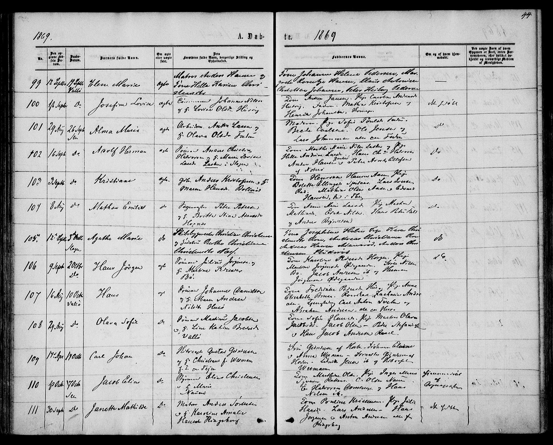 Sem kirkebøker, SAKO/A-5/F/Fa/L0008: Parish register (official) no. I 8, 1866-1873, p. 44