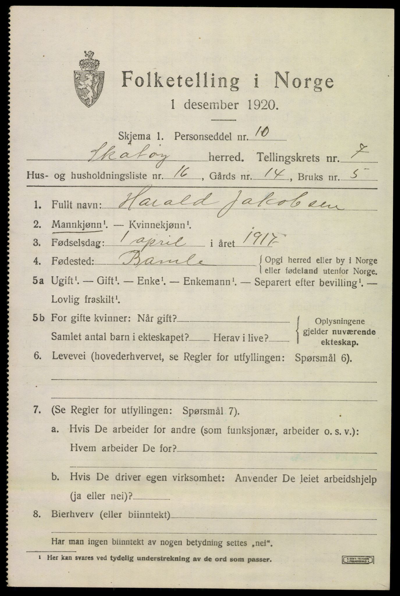 SAKO, 1920 census for Skåtøy, 1920, p. 5482