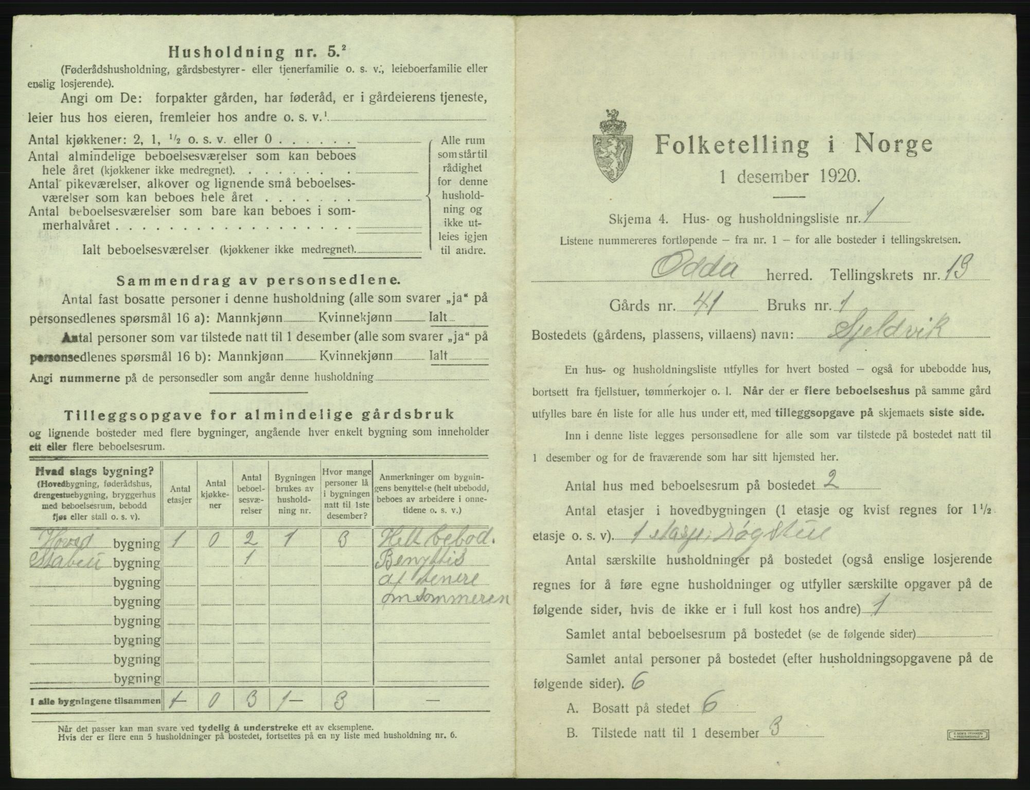 SAB, 1920 census for Odda, 1920, p. 1133