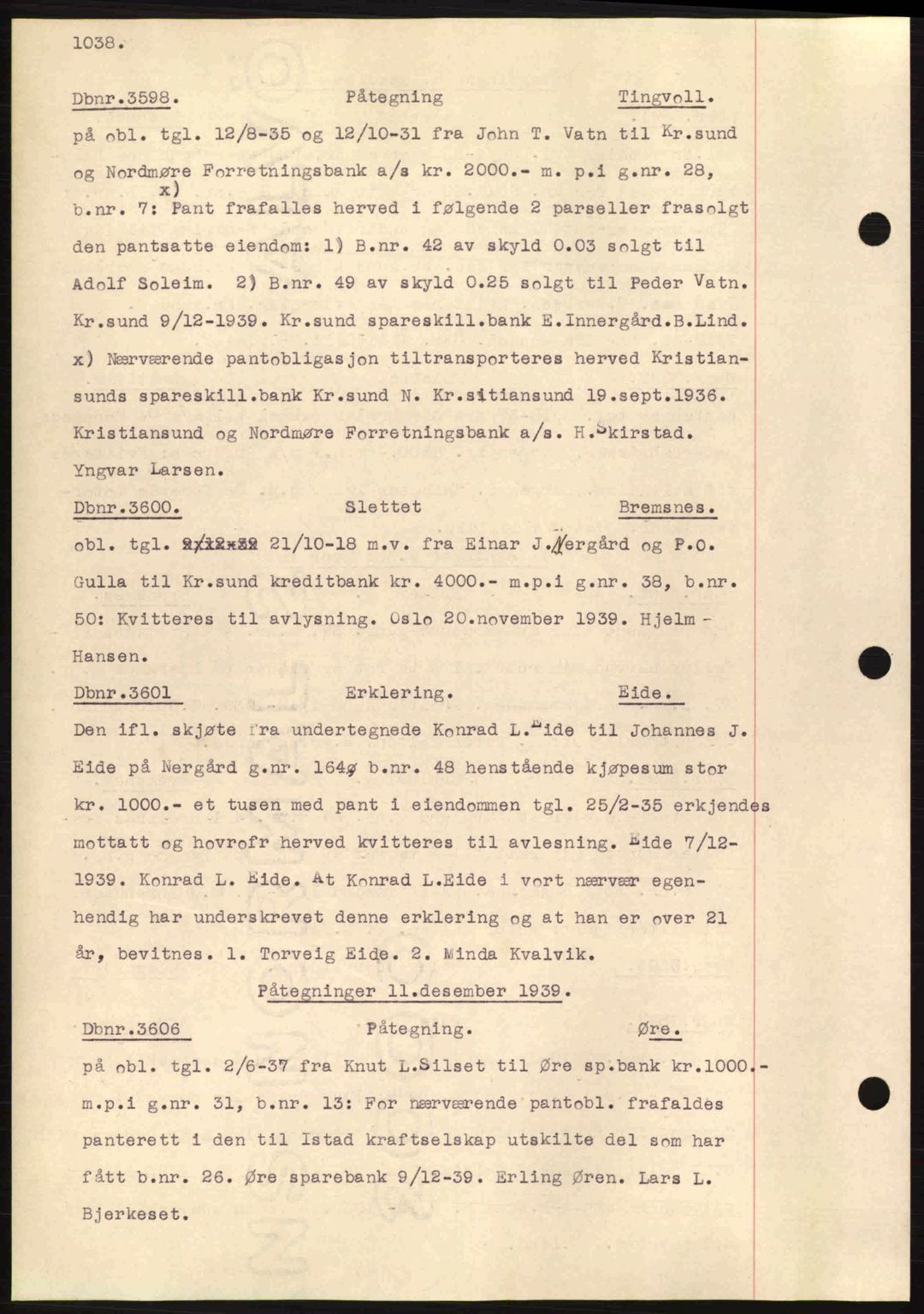 Nordmøre sorenskriveri, AV/SAT-A-4132/1/2/2Ca: Mortgage book no. C80, 1936-1939, Diary no: : 3598/1939