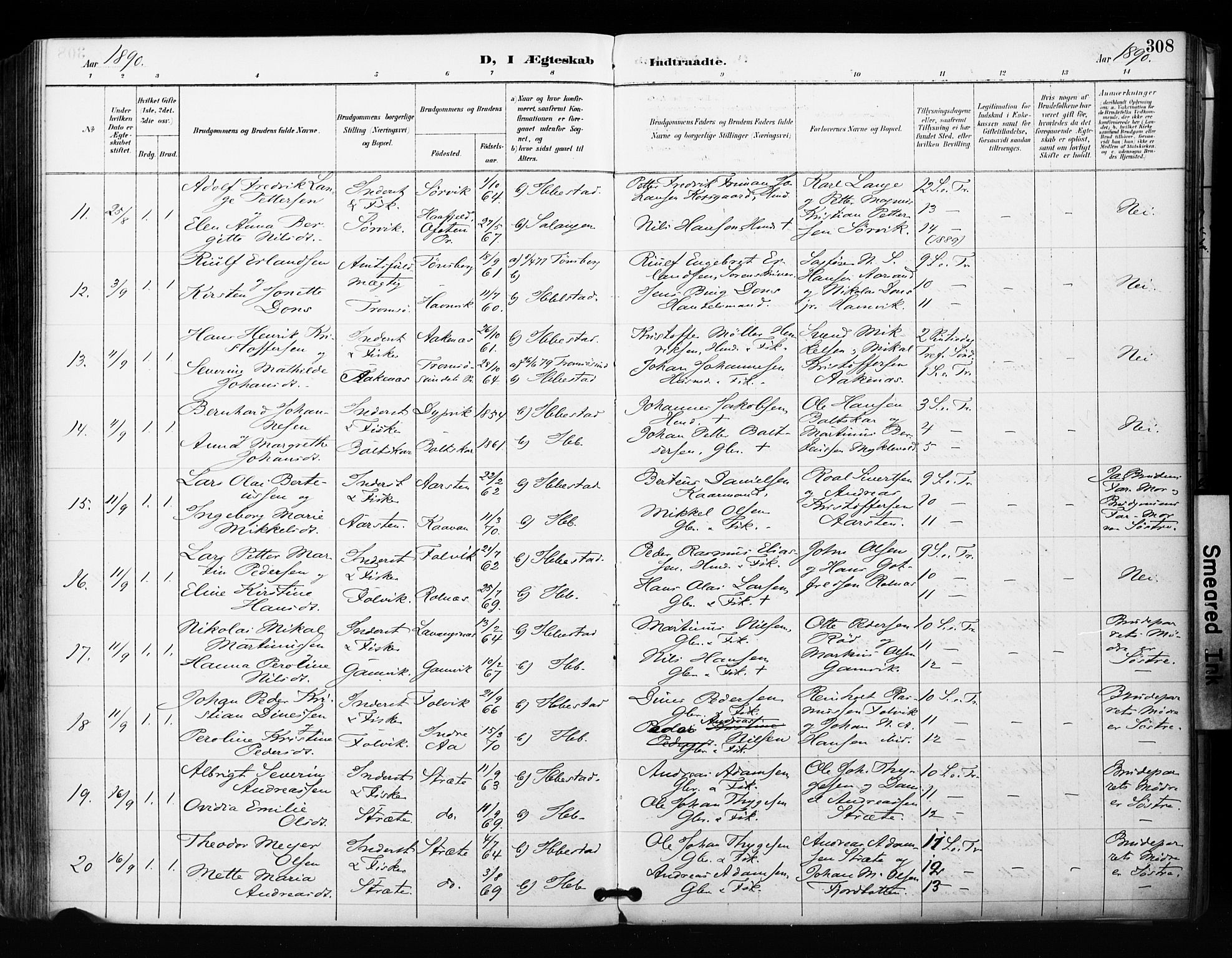 Ibestad sokneprestembete, SATØ/S-0077/H/Ha/Haa/L0012kirke: Parish register (official) no. 12, 1890-1900, p. 308