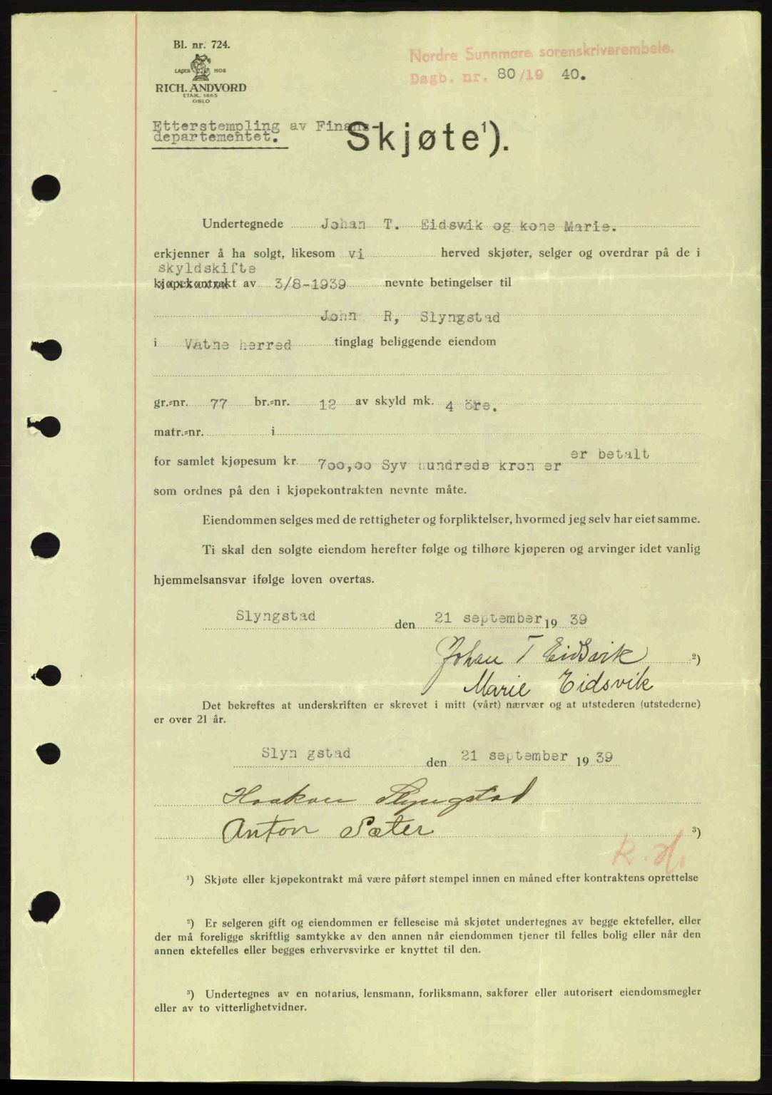 Nordre Sunnmøre sorenskriveri, AV/SAT-A-0006/1/2/2C/2Ca: Mortgage book no. A8, 1939-1940, Diary no: : 80/1940