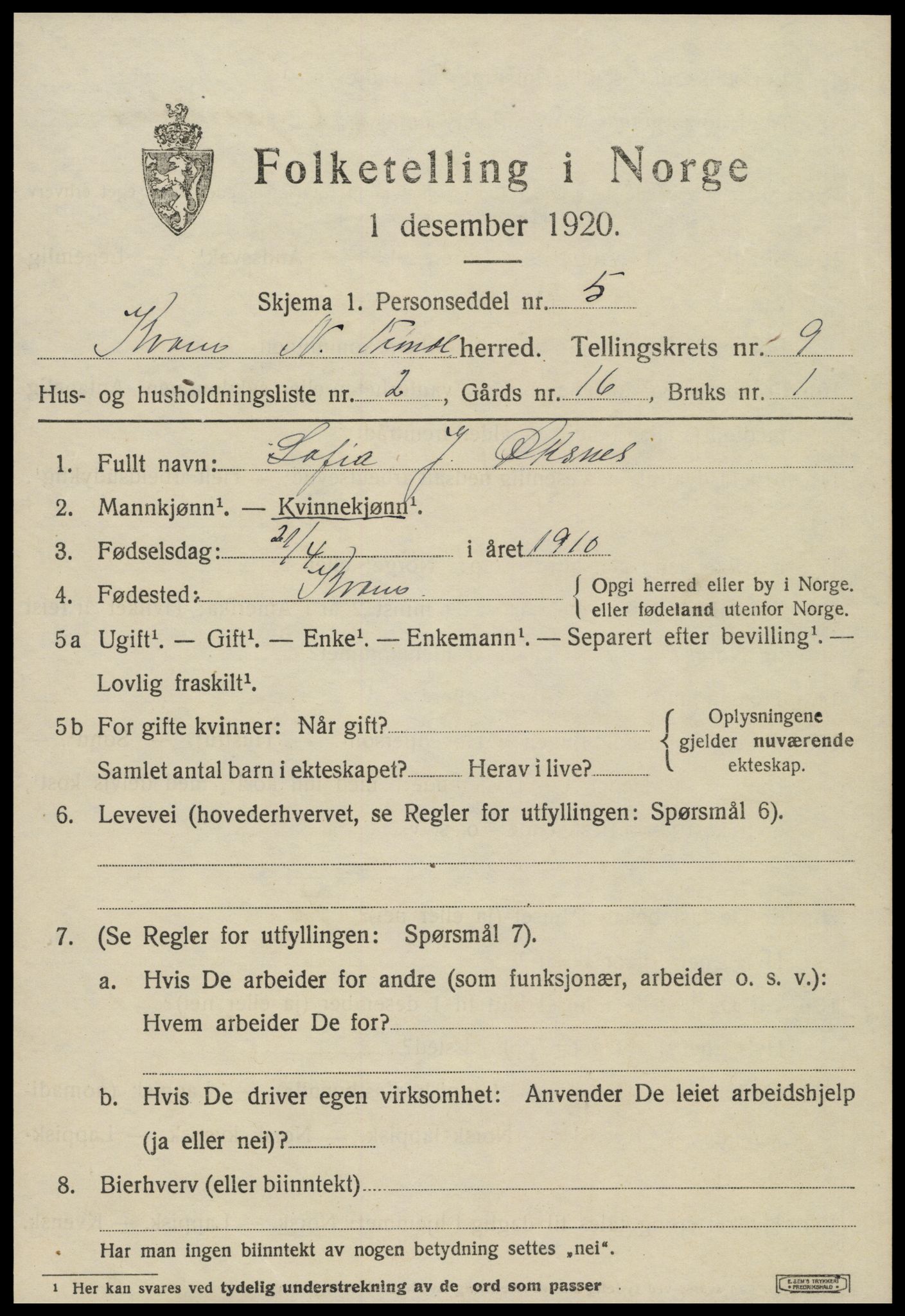 SAT, 1920 census for Kvam, 1920, p. 2349