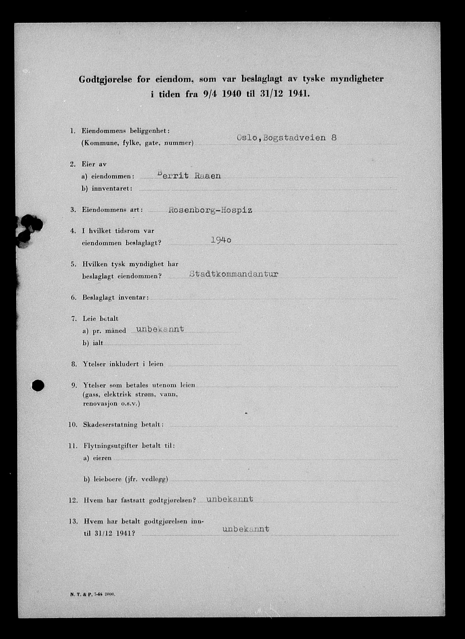 Justisdepartementet, Tilbakeføringskontoret for inndratte formuer, RA/S-1564/I/L1011: Godtgjørelse for beslaglagt eiendom, 1940-1941, p. 523