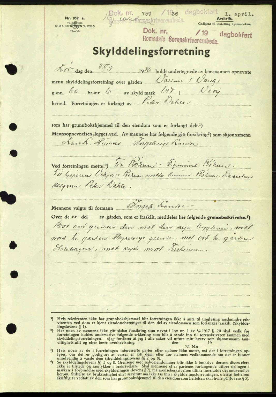 Romsdal sorenskriveri, AV/SAT-A-4149/1/2/2C: Mortgage book no. A1, 1936-1936, Diary no: : 759/1936