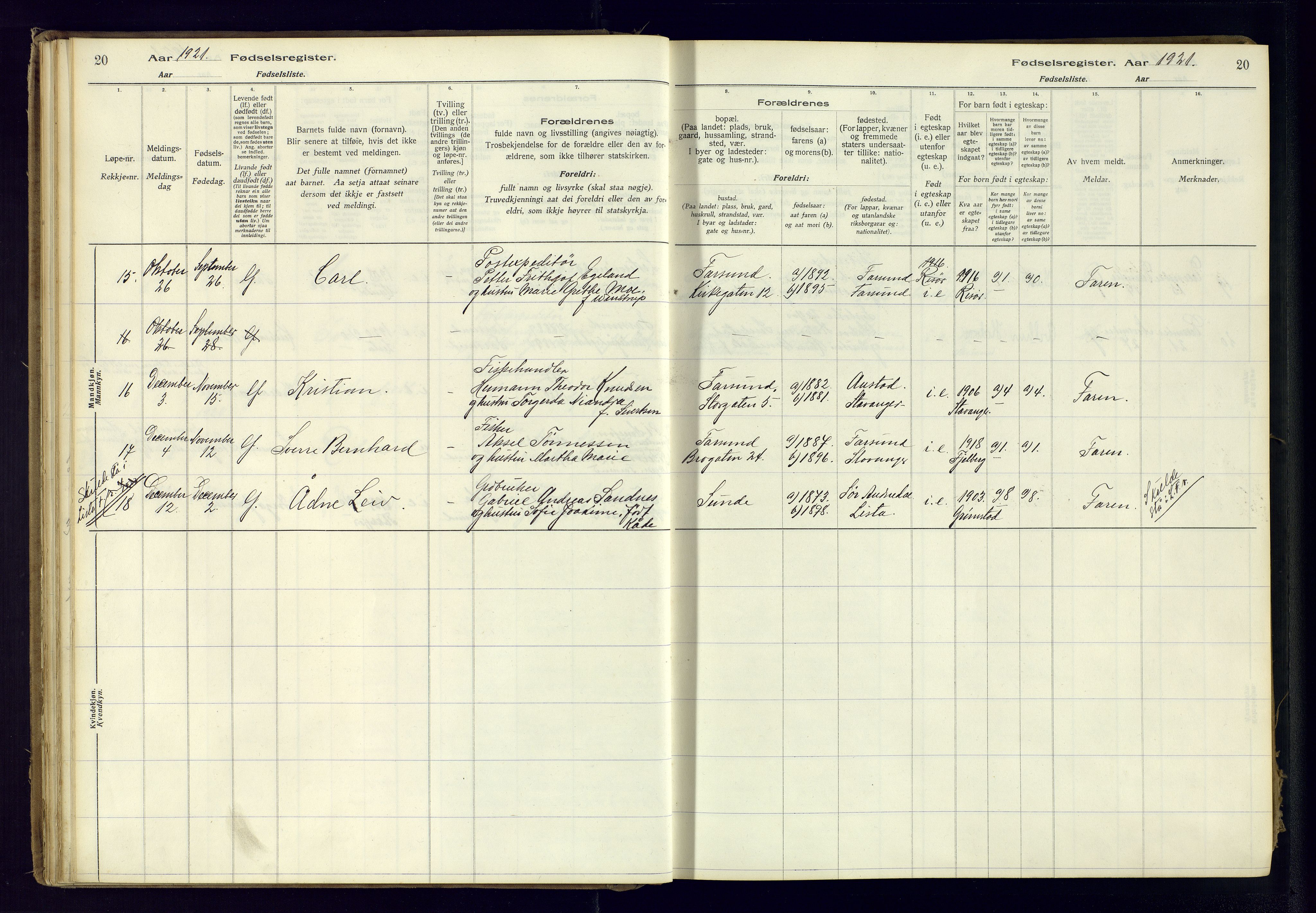 Farsund sokneprestkontor, AV/SAK-1111-0009/J/Ja/L0001: Birth register no. A-VI-8, 1916-1950, p. 20