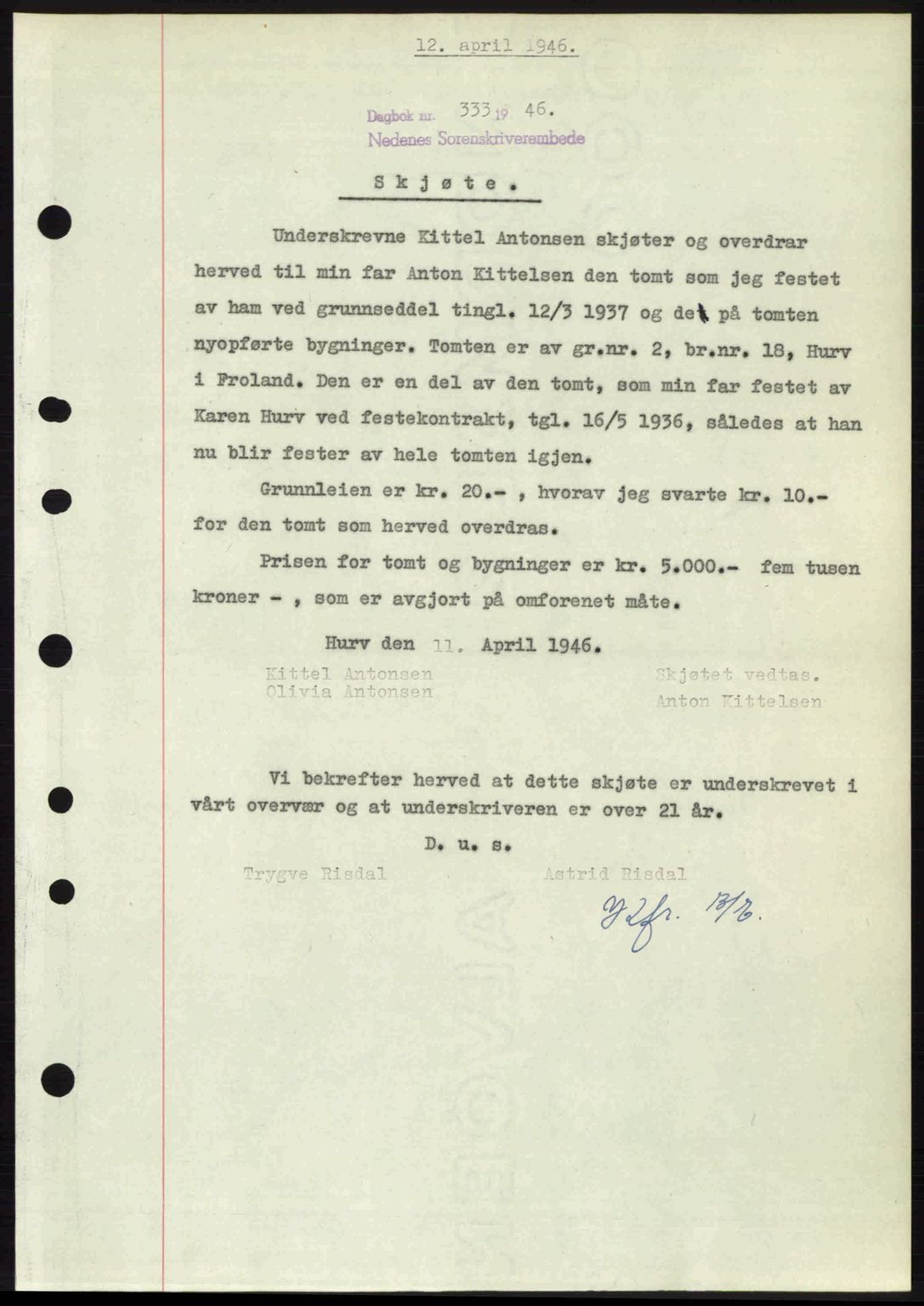 Nedenes sorenskriveri, AV/SAK-1221-0006/G/Gb/Gba/L0054: Mortgage book no. A6c, 1946-1946, Diary no: : 333/1946