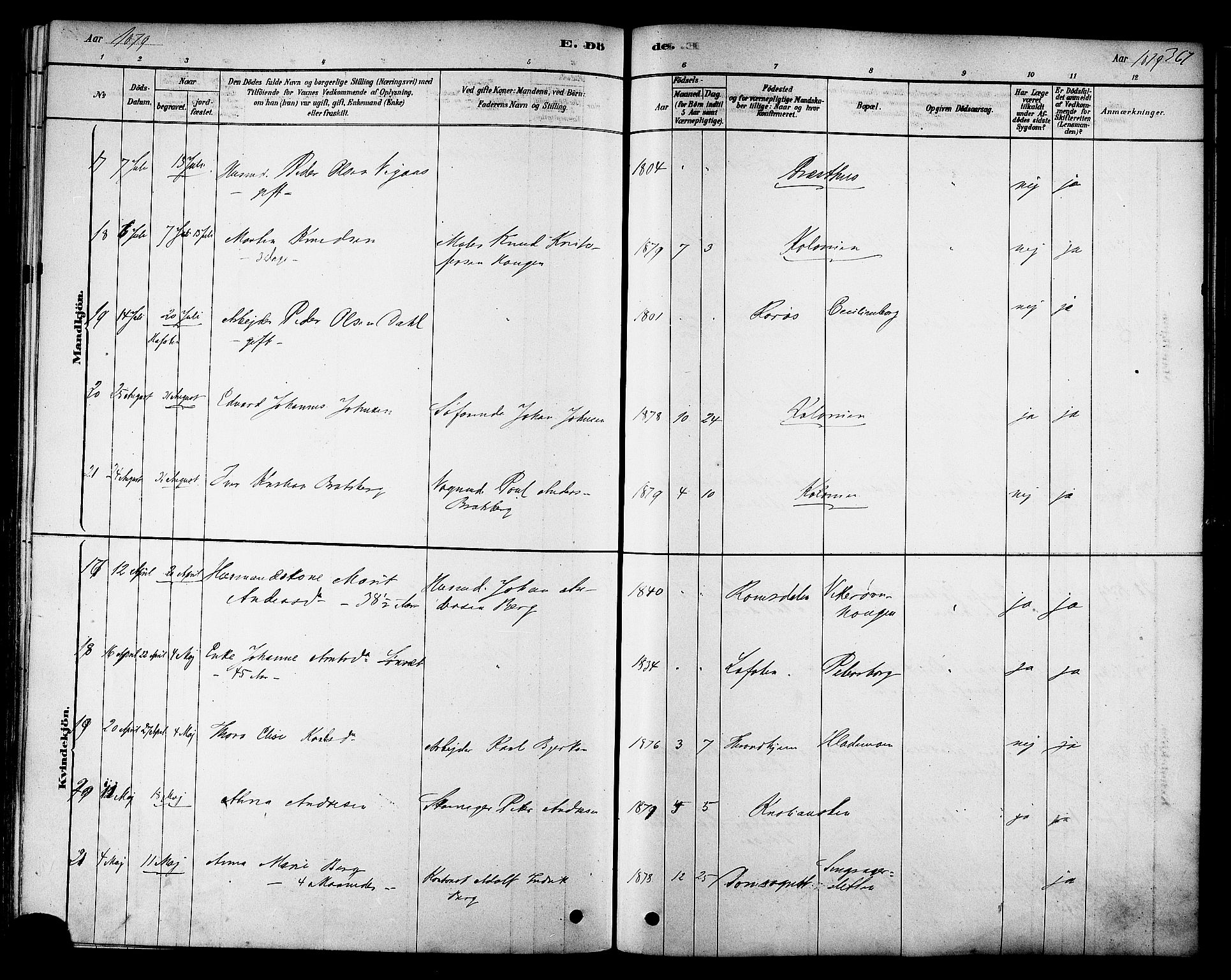 Ministerialprotokoller, klokkerbøker og fødselsregistre - Sør-Trøndelag, AV/SAT-A-1456/606/L0294: Parish register (official) no. 606A09, 1878-1886, p. 367