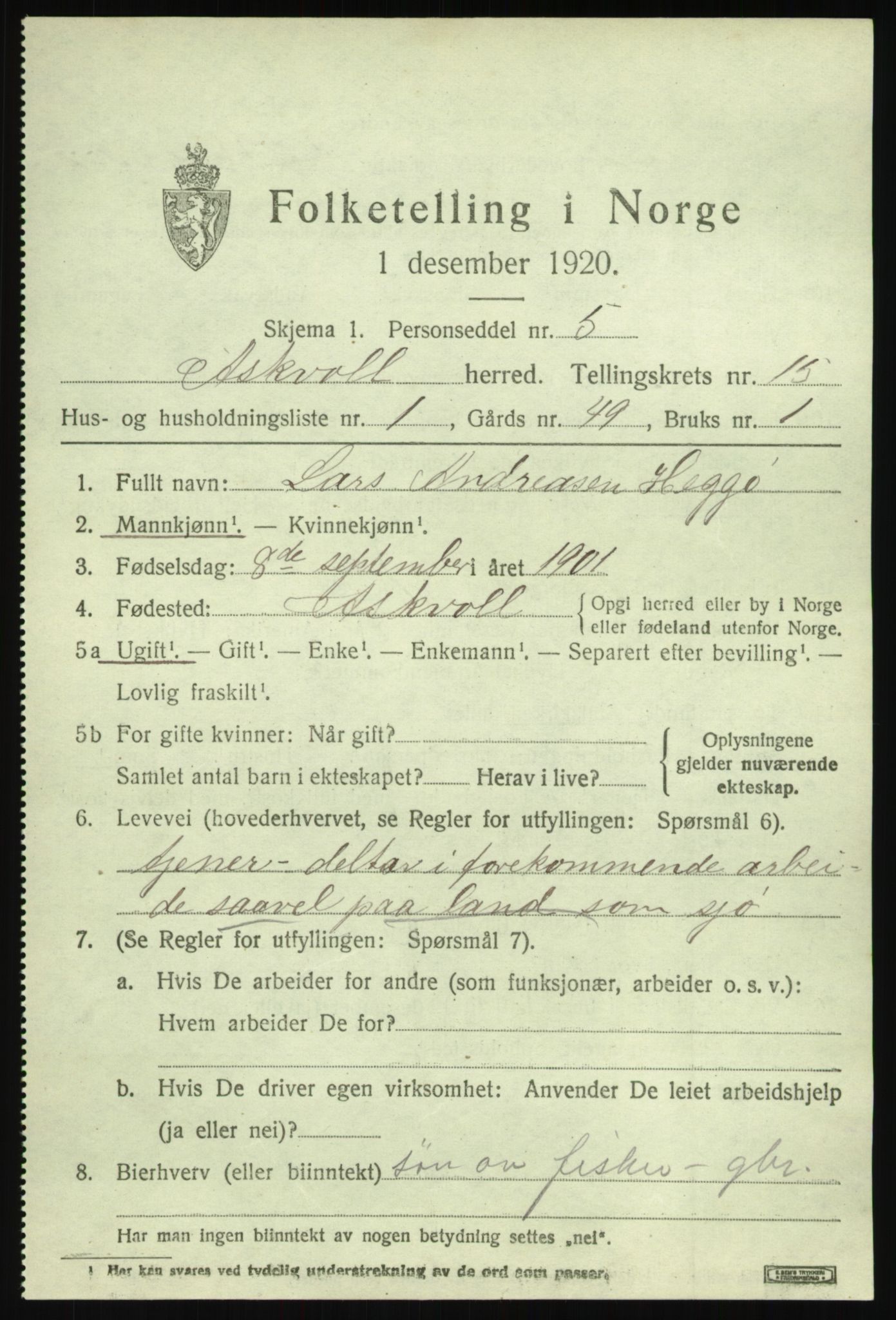 SAB, 1920 census for Askvoll, 1920, p. 5528